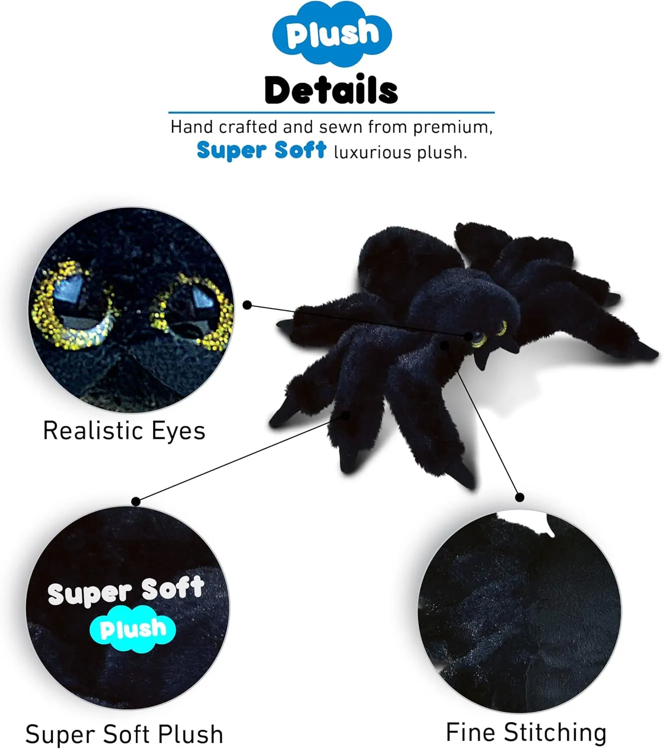 Puzzled Black Spider Plush, 7 Inch Collectible Decorative Big Eyes Tarantula Stuffed Toy Soft Take A Long Plushie Pillow Squishes Washable Cushy Mini Doll Creepy Crawlies Themed Kids Toys & Games