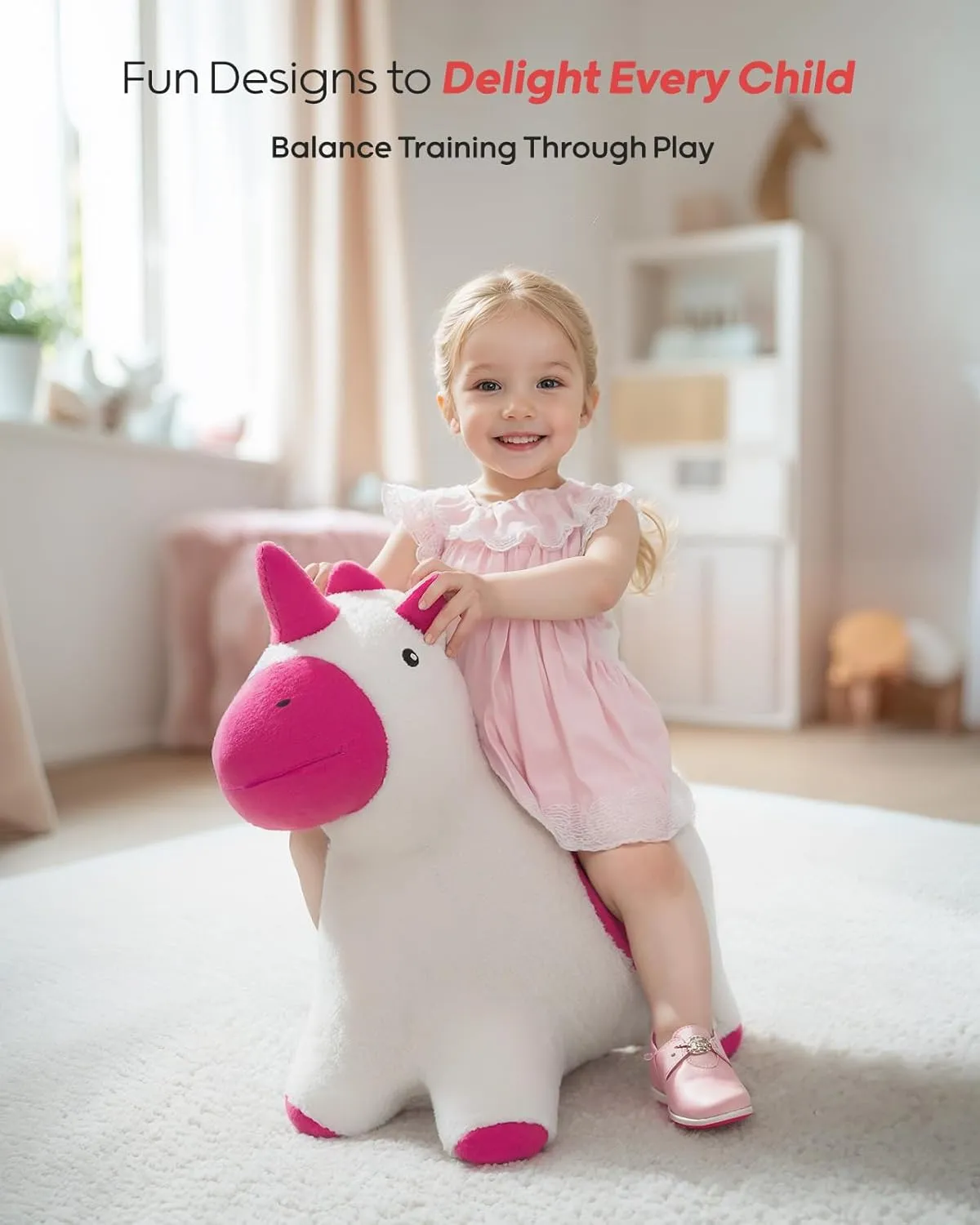 QPAU Fairy Bouncy Unicorn, Soft Plush Covered Bouncy Pal for Toddlers 1-3, Bouncy Animal Hopper, Inflatable Ride on Bouncer for Toddler, Baby Girl Boy Toy Gift 18 Month 2 3 4 5 Year Old