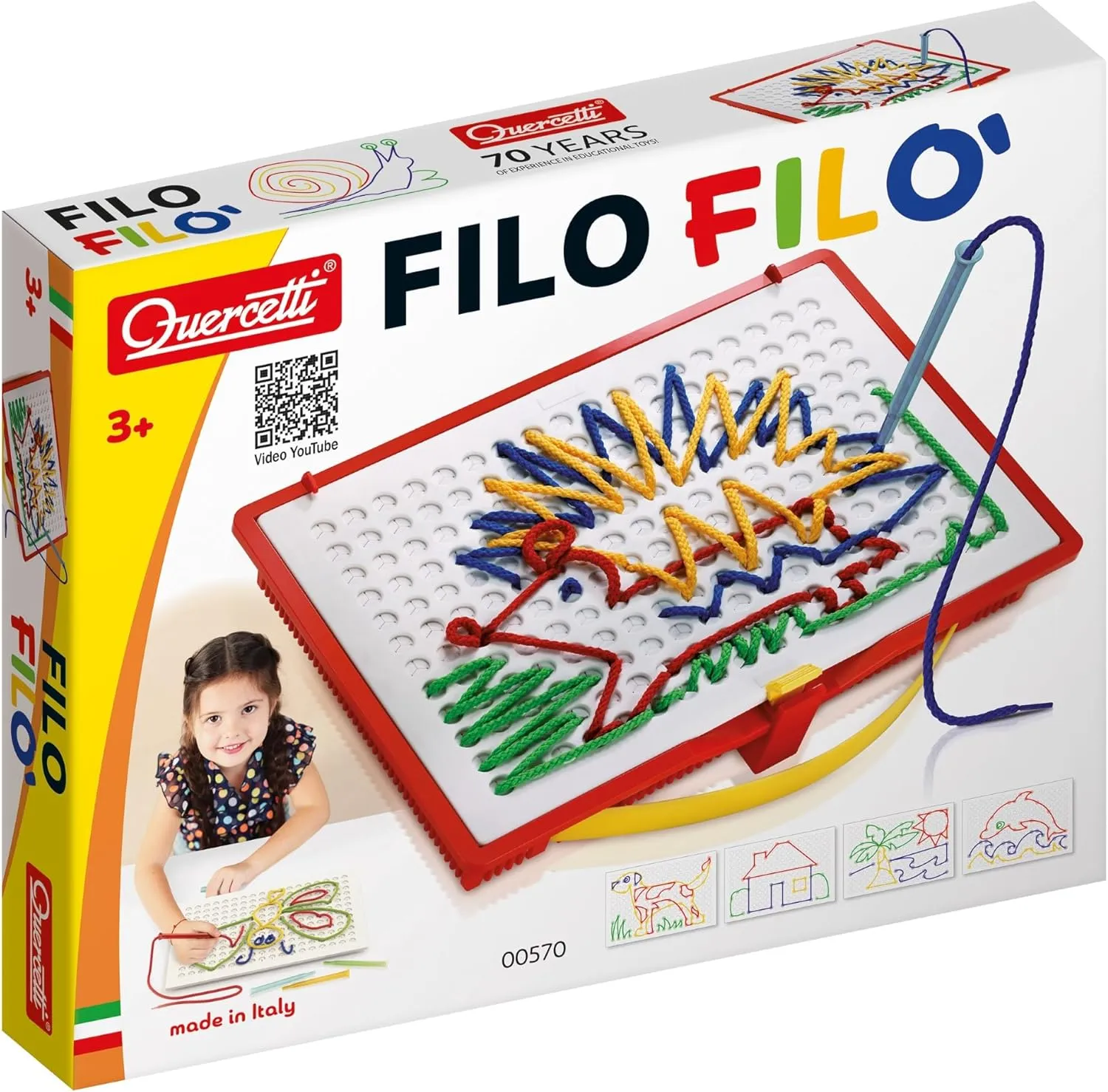 Quercetti Filo Play Set - A Novel Lacing Tool with 18 Pattern Templates to Create Art with String- for Ages 4 and Up (Made in Italy)