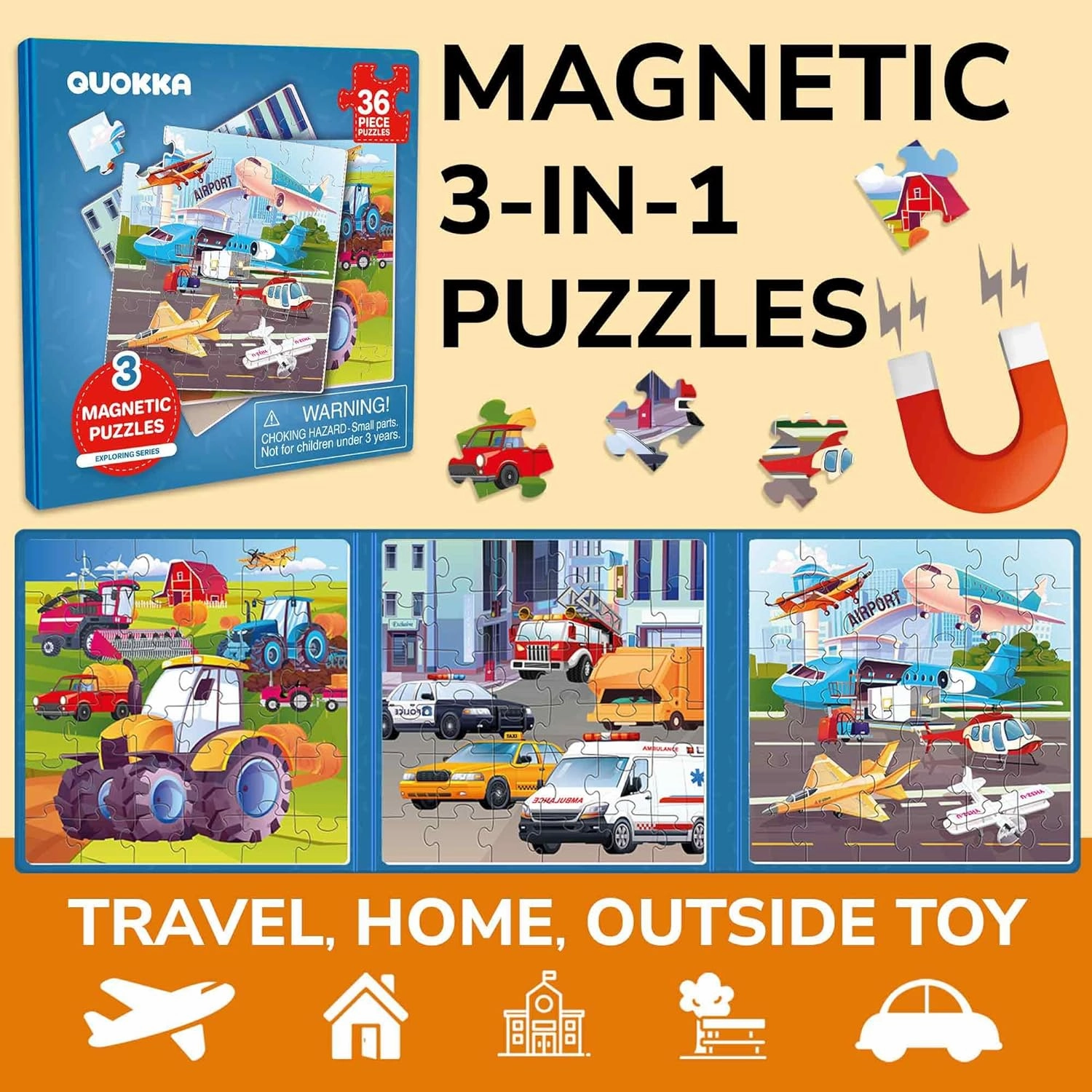 QUOKKA Magnetic Puzzles for Toddlers 1-3 – 30 Pcs Transport Game with Extra-Long Play Book – Fun Travel Game Toy for Kids Ages 3-5 – Strong Magnets for Car Activities – Fun Toddler Puzzle Ages 2-4