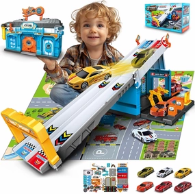 Race Tracks for Kids Ages 3-5, Racing Car Toys Set with Foldable 2 Layer Track and 6 Alloy Race Cars for Toddlers Boys, Best Birthday Xmas Gifts for Kids Age 3 4 5 6  Years Old (Blue)