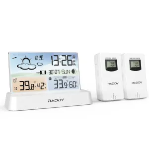 Raddy DT6 Weather Station Indoor Outdoor, Atomic Clock, Digital Color Display Indoor and Outdoor Thermometer Hygrometer, Home Weather Station with Weather Forecast and Barometer