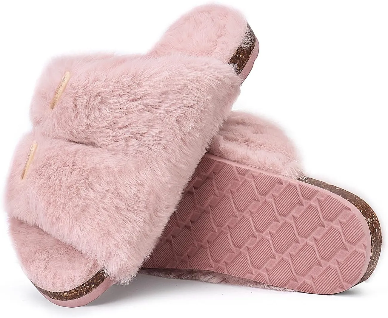 Rainlin Women's Fuzzy Slippers Comfy Cork Footbed Fluffy Slides Open Toe Indoor Outdoor House Shoes with Arch Support