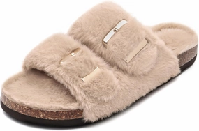 Rainlin Women's Fuzzy Slippers Comfy Cork Footbed Fluffy Slides Open Toe Indoor Outdoor House Shoes with Arch Support Camel Size 6