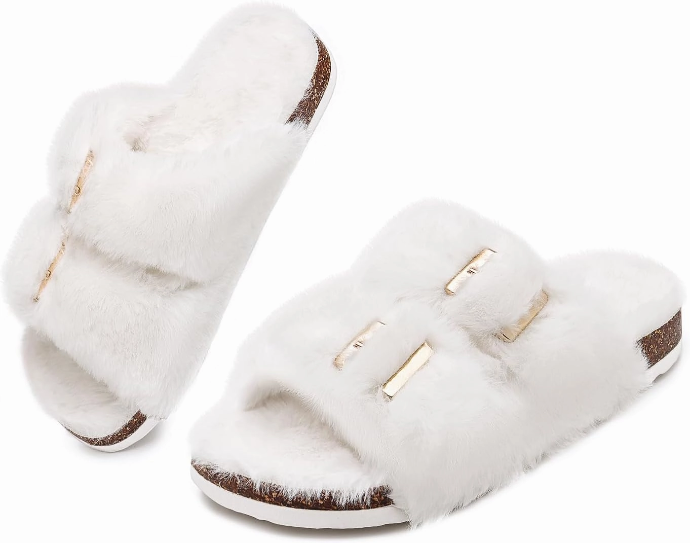 Rainlin Women's Fuzzy Slippers Comfy Cork Footbed Fluffy Slides Open Toe Indoor Outdoor House Shoes with Arch Support