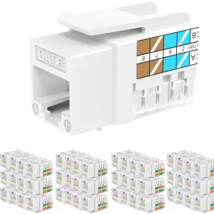 Rapink RJ45 Keystone Jack Cat6 10G Support, Jacks UTP 50 Pack for Wall Plate and Patch Panel, Rj45 Keystone 90 Degree White Color for Cat6, Cat5e, Cat5 Cabling