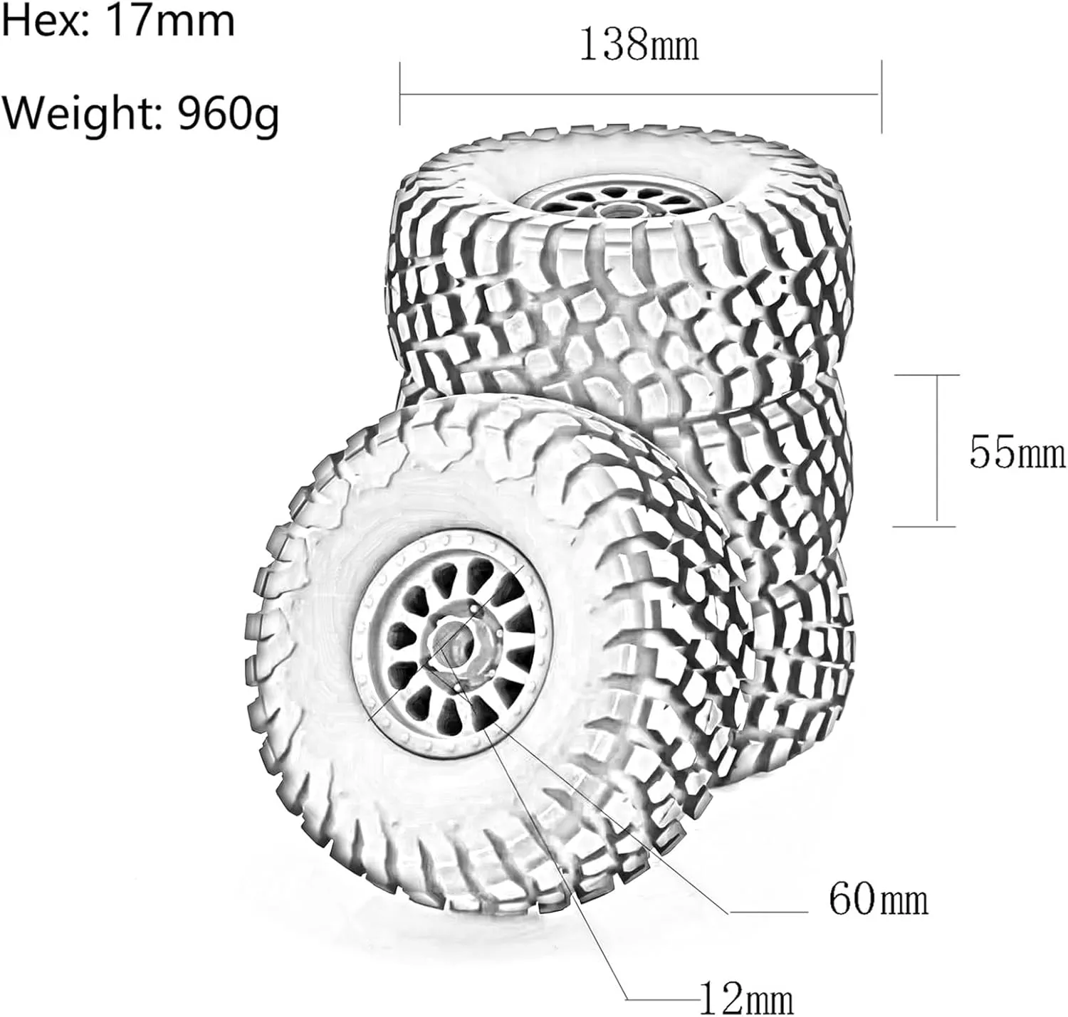 Rc Car Wheel Rim Tire Compatible with ARRMA for Mojave for TRAXXAS for UDR 1/7 RC Car 138mm Off-Road for Buggy for Desert Short Course Truck Tire 17mm Wheel Hex(White)