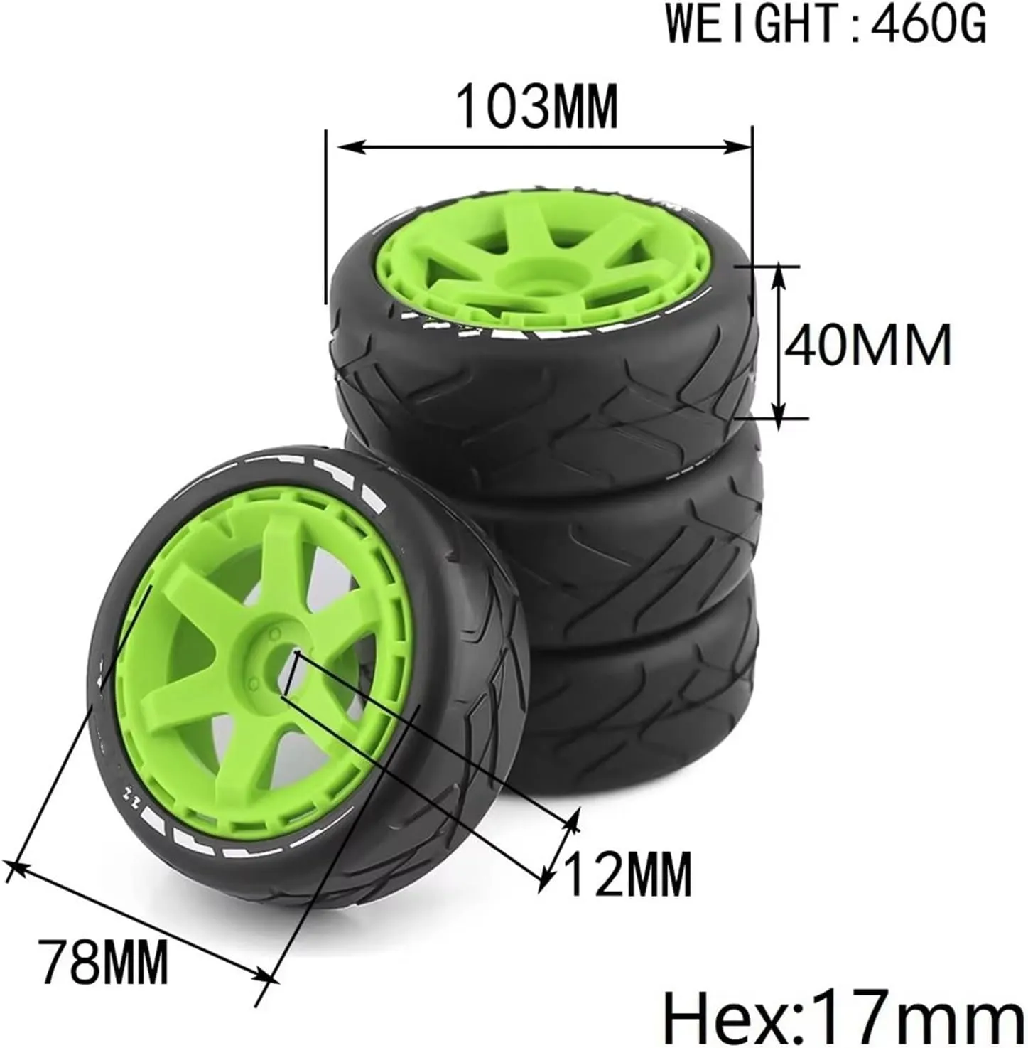 Rc Car Wheel Rim Tire Compatible with ARRMA for Redcat for Team for Losi for Kyosho for HPI for Hobao 1/8 RC Off-Road for Buggy 103mm Tires Wheel 17mm Hex(Green)