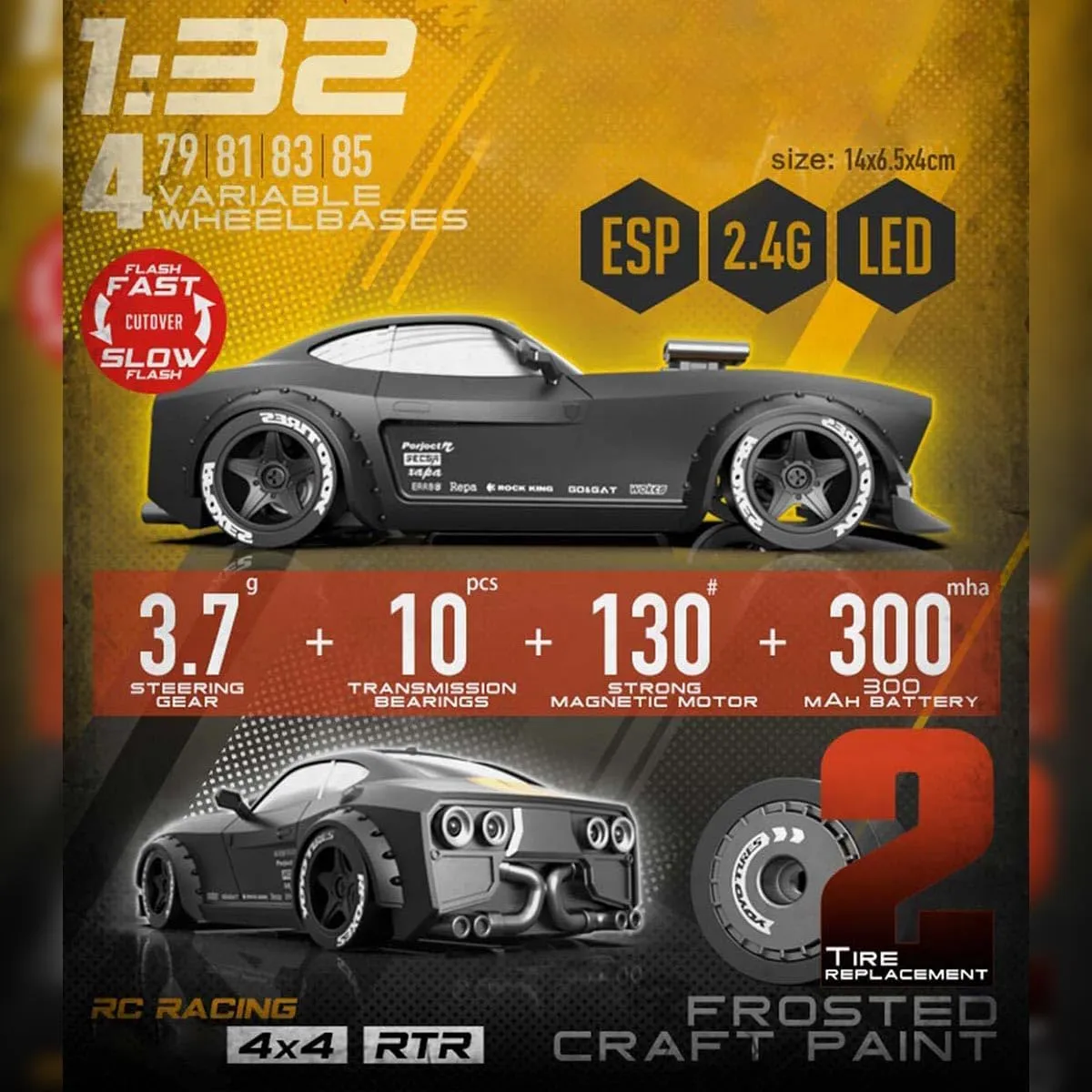 RC Drift Car, 1/32 Scale 2.4G 4WD Model Vehicle with Three LED Headlight Modes, Four Adjustable Wheelbase Options (RTR Version/Black)