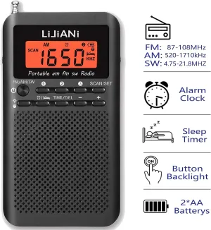 RD218 shortwave Radio FM/AM/SW Band Transistor Powered by AA Batteries with Key Backlight LCD Display Digital Alarm Clock Sleep Timer,Best Reception,Best Sound Quality Mini Radio for Running