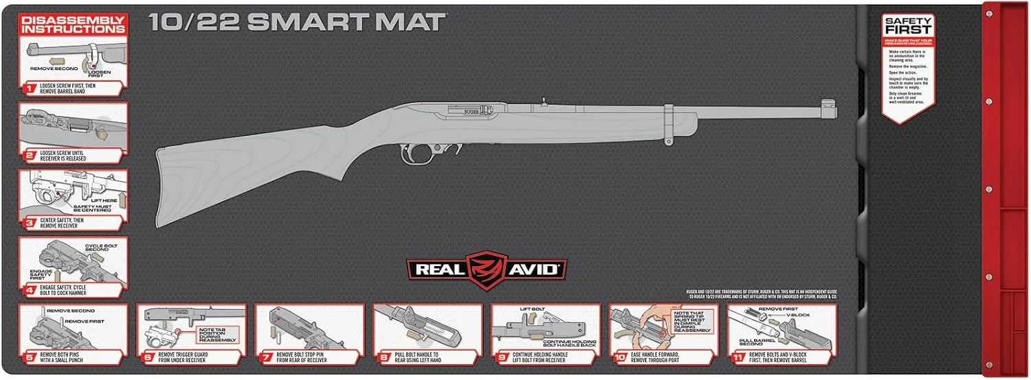 Real Avid 10 22 Smart Mat - 43x16" | Ruger 10 22 Gun Mat w/ Disassembly Instructions | Oil Resistant Shock Absorbing Mat w/ Magnetic Parts Tray | Perfect Addition to Gun Cleaning Supplies For 22 Rifle