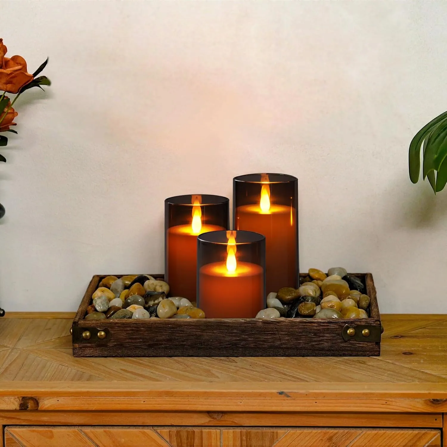 Realistic Flickering Flameless Candles, Battery Operated Candles, LED Candles, Fake Electric Candles with Remote Control and Timer for Home, Christmas Decoration, Grey, Set of 3