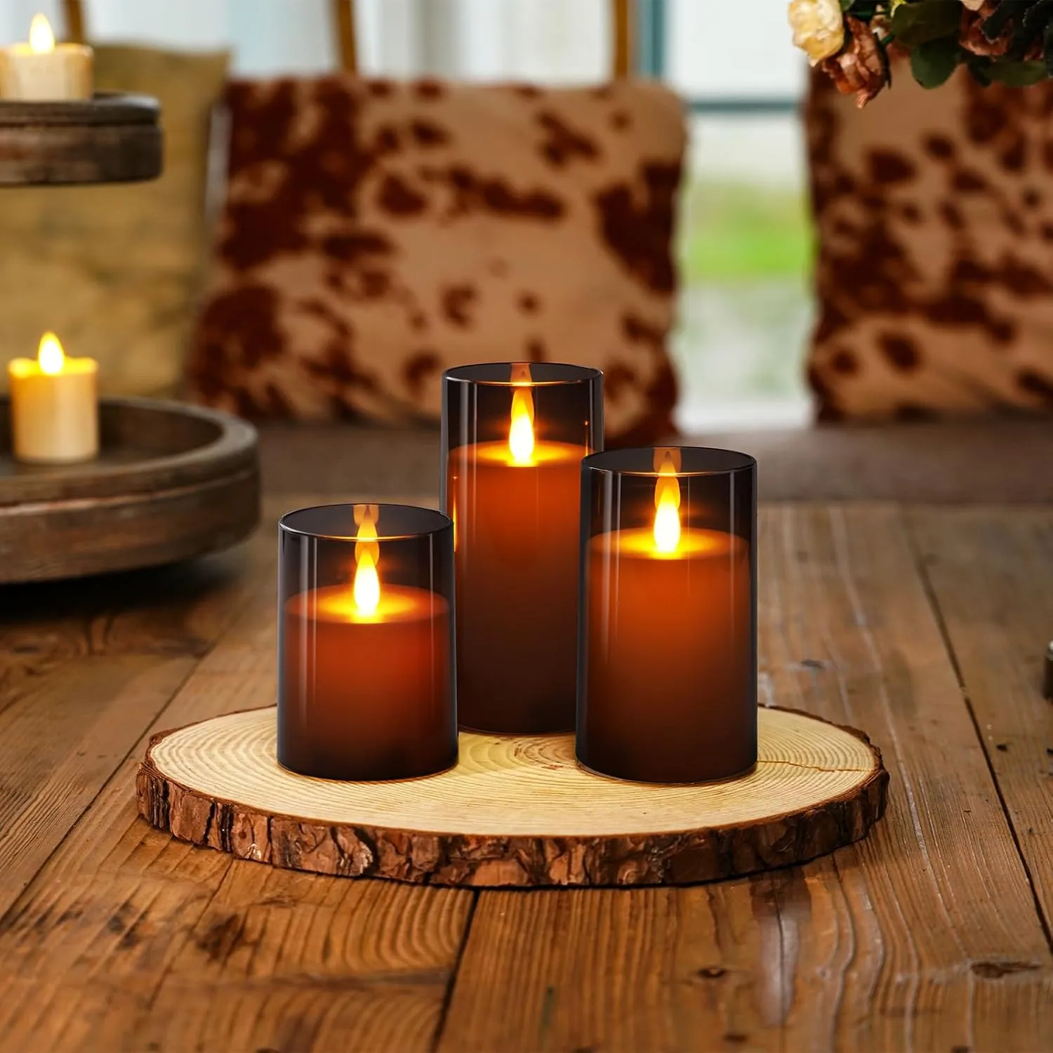 Realistic Flickering Flameless Candles, Battery Operated Candles, LED Candles, Fake Electric Candles with Remote Control and Timer for Home, Christmas Decoration, Grey, Set of 3