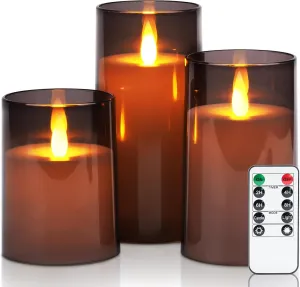 Realistic Flickering Flameless Candles, Battery Operated Candles, LED Candles, Fake Electric Candles with Remote Control and Timer for Home, Christmas Decoration, Grey, Set of 3