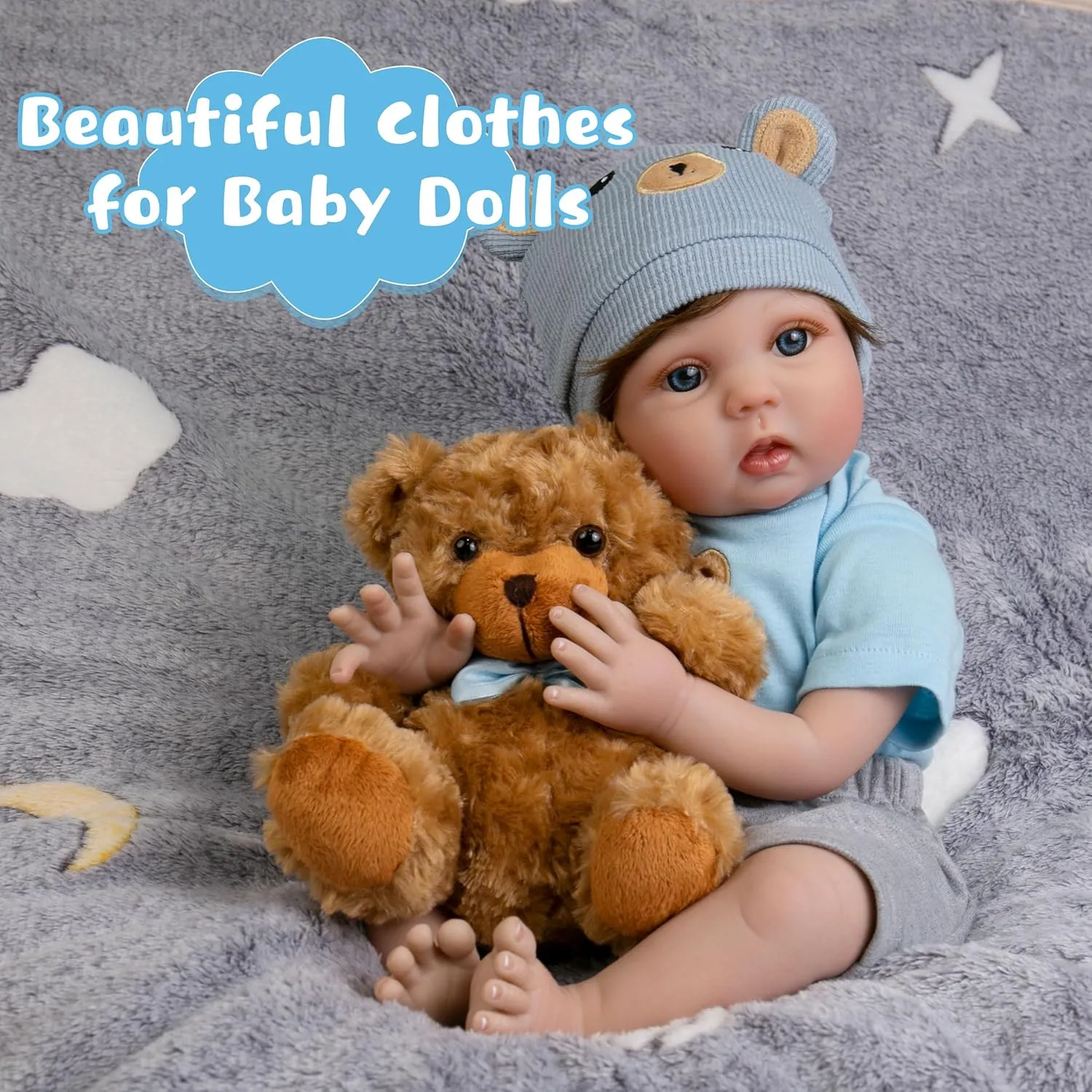 Reborn Baby Dolls Clothes for Boys and Girls 17-22 Inches Blue Bear Patterned Fashion Realistic Baby Doll Clothes Accessories Set for Newborn Baby Dolls Boy