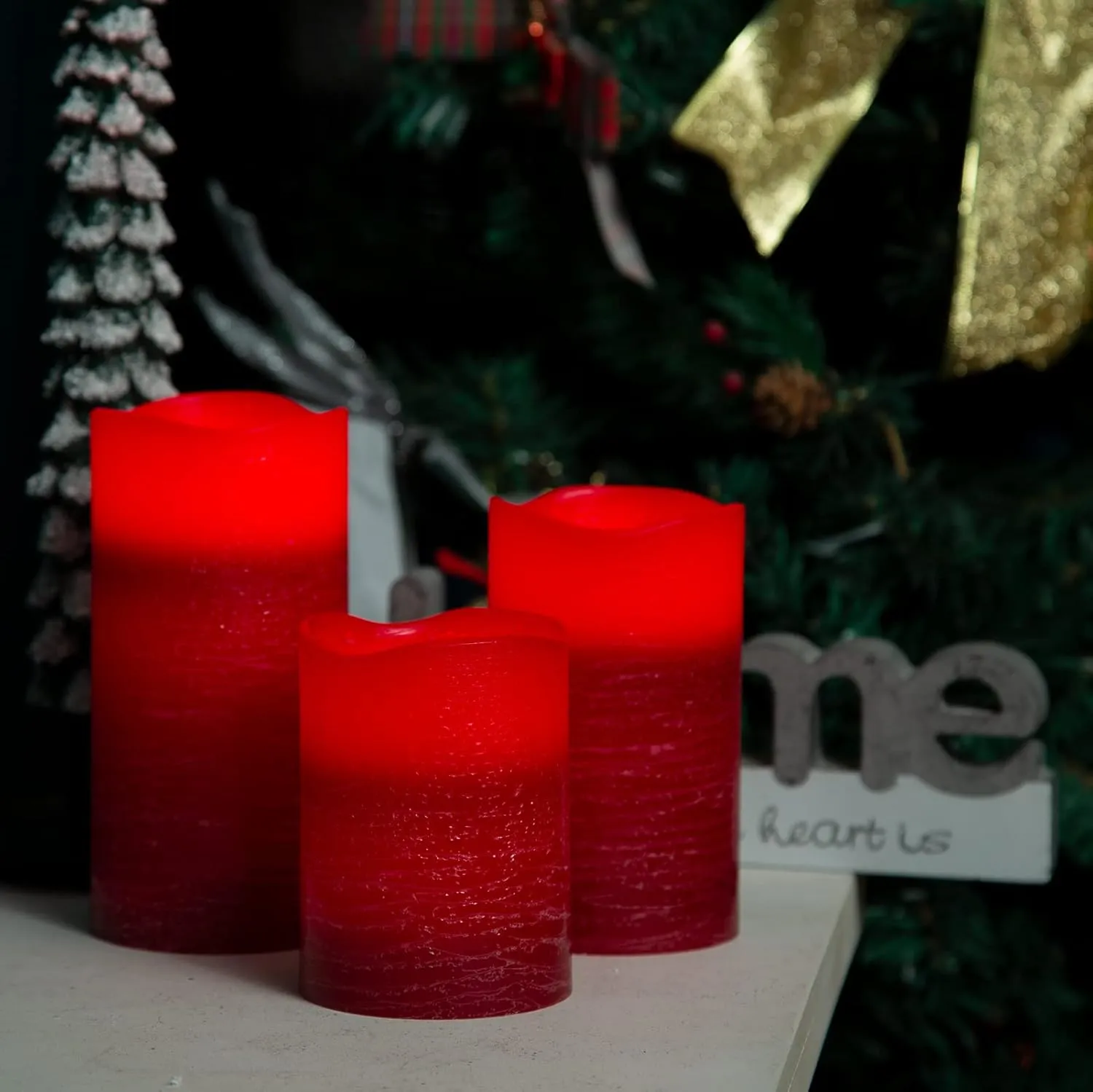 Red Flameless Candles Real Wax LED Pillar Candles Battery Operated with Cycling 5H Timer Set of 3 (3" x 4"/5"/6") (Red)