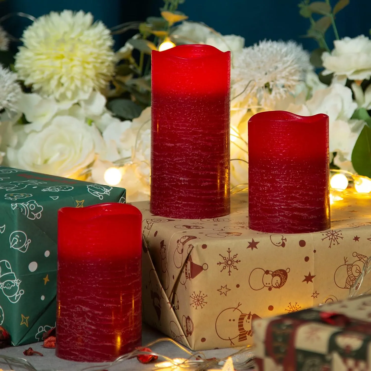 Red Flameless Candles Real Wax LED Pillar Candles Battery Operated with Cycling 5H Timer Set of 3 (3" x 4"/5"/6") (Red)