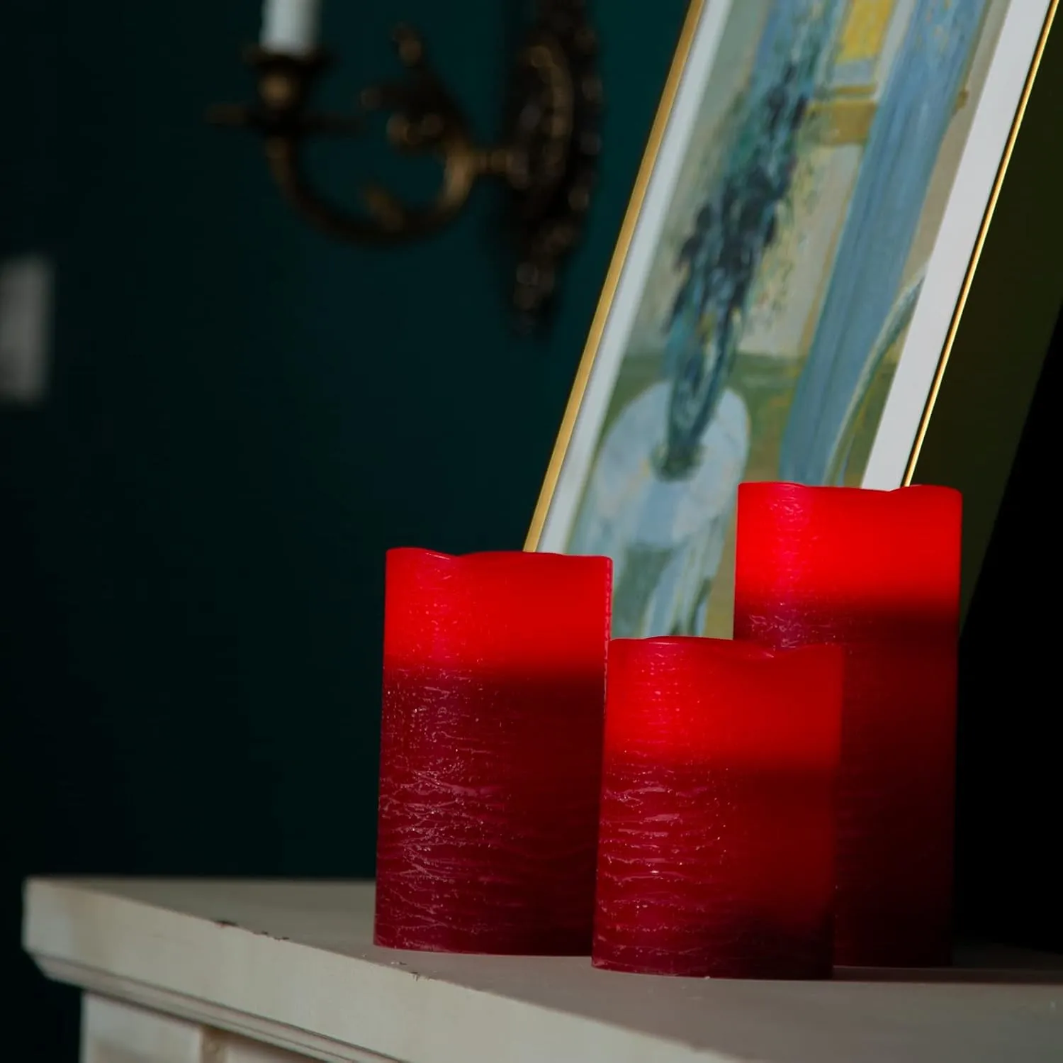 Red Flameless Candles Real Wax LED Pillar Candles Battery Operated with Cycling 5H Timer Set of 3 (3" x 4"/5"/6") (Red)