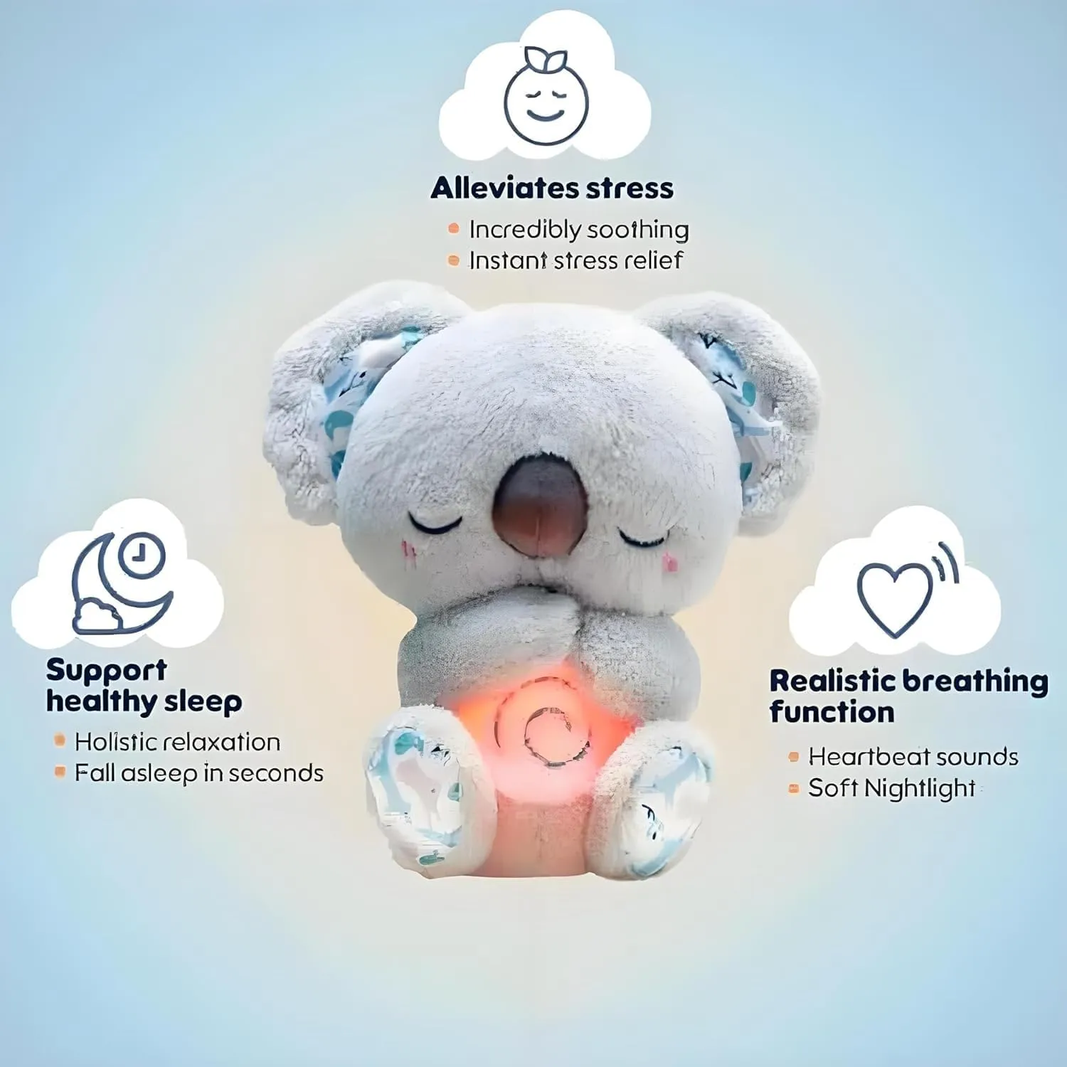 Relief Koala Breathing Stuffed Toy, Anxiety Relief Plush Animal with Musical Lights & Rhythmic Breathing Motion - New Year Gift Plush Figure (Grey)