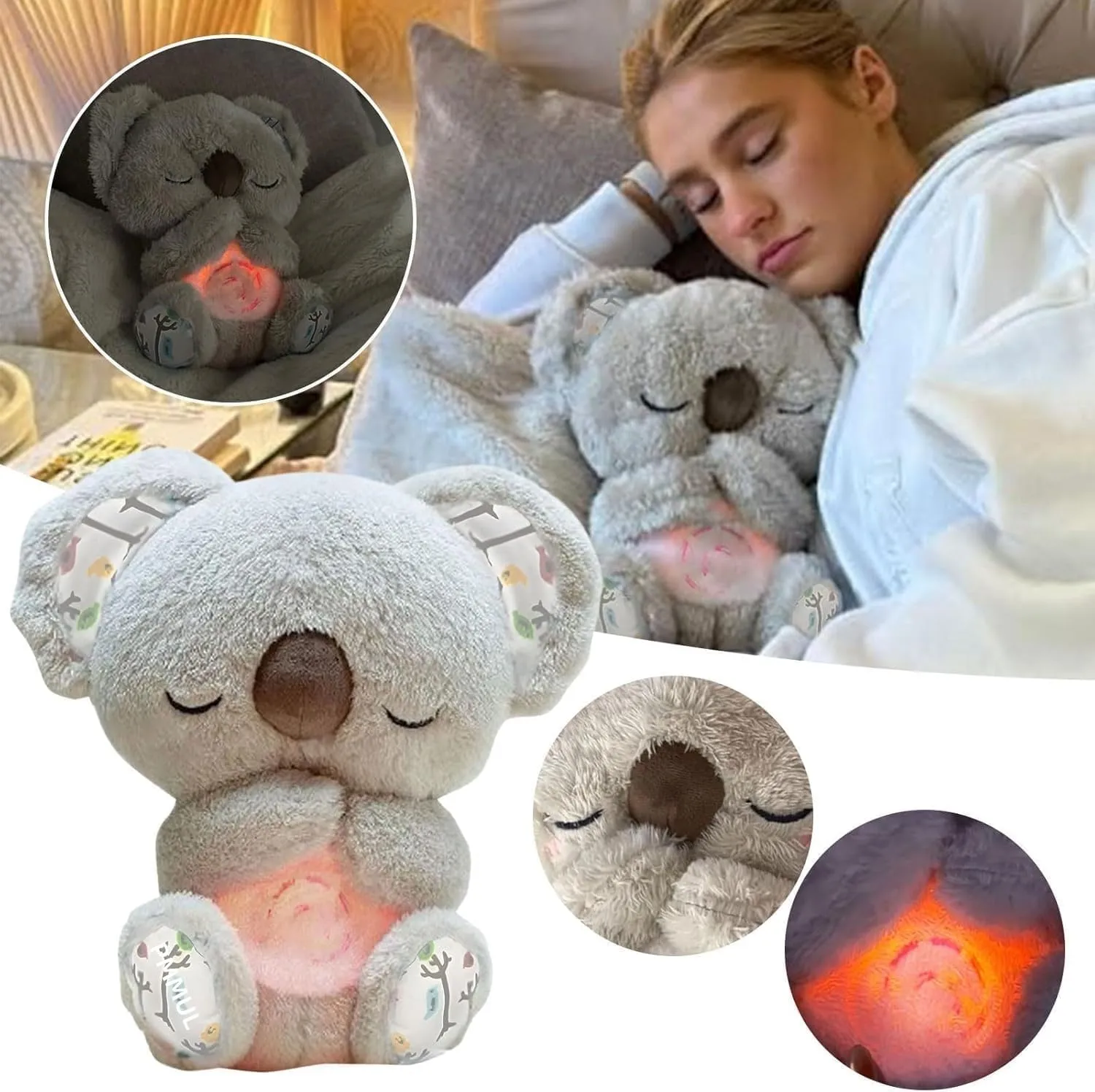 Relief Koala Breathing Stuffed Toy, Anxiety Relief Plush Animal with Musical Lights & Rhythmic Breathing Motion - New Year Gift Plush Figure (Grey)