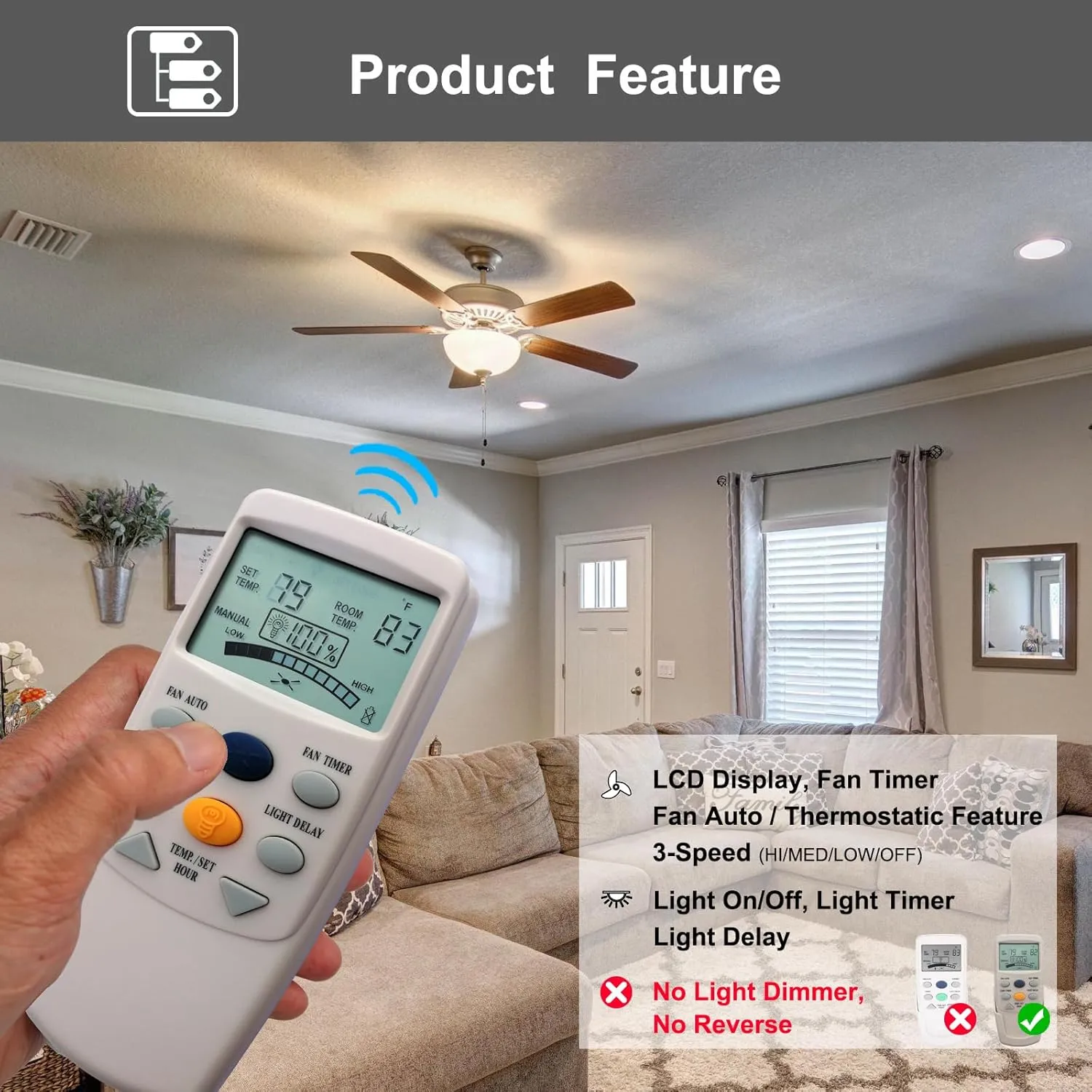 Replacement Remote for Hampton Bay Thermostatic Ceiling Fan Remote Control FAN-9T L3HFAN-9T, with Fan Timer Key 3-Speed LCD Display Temp, No Light Dimmer,No Reverse (Remote Only)
