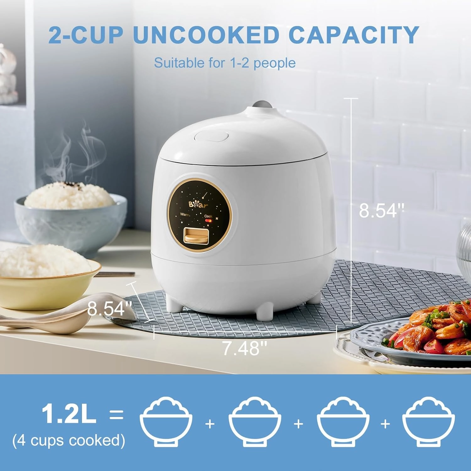 Rice Cooker 2-Cups Uncooked, 1.2L Small Rice Cooker with Non-stick Coating, BPA Free, Portable Mini Rice Cooker, One Button to Cook and Keep Warm Function, White