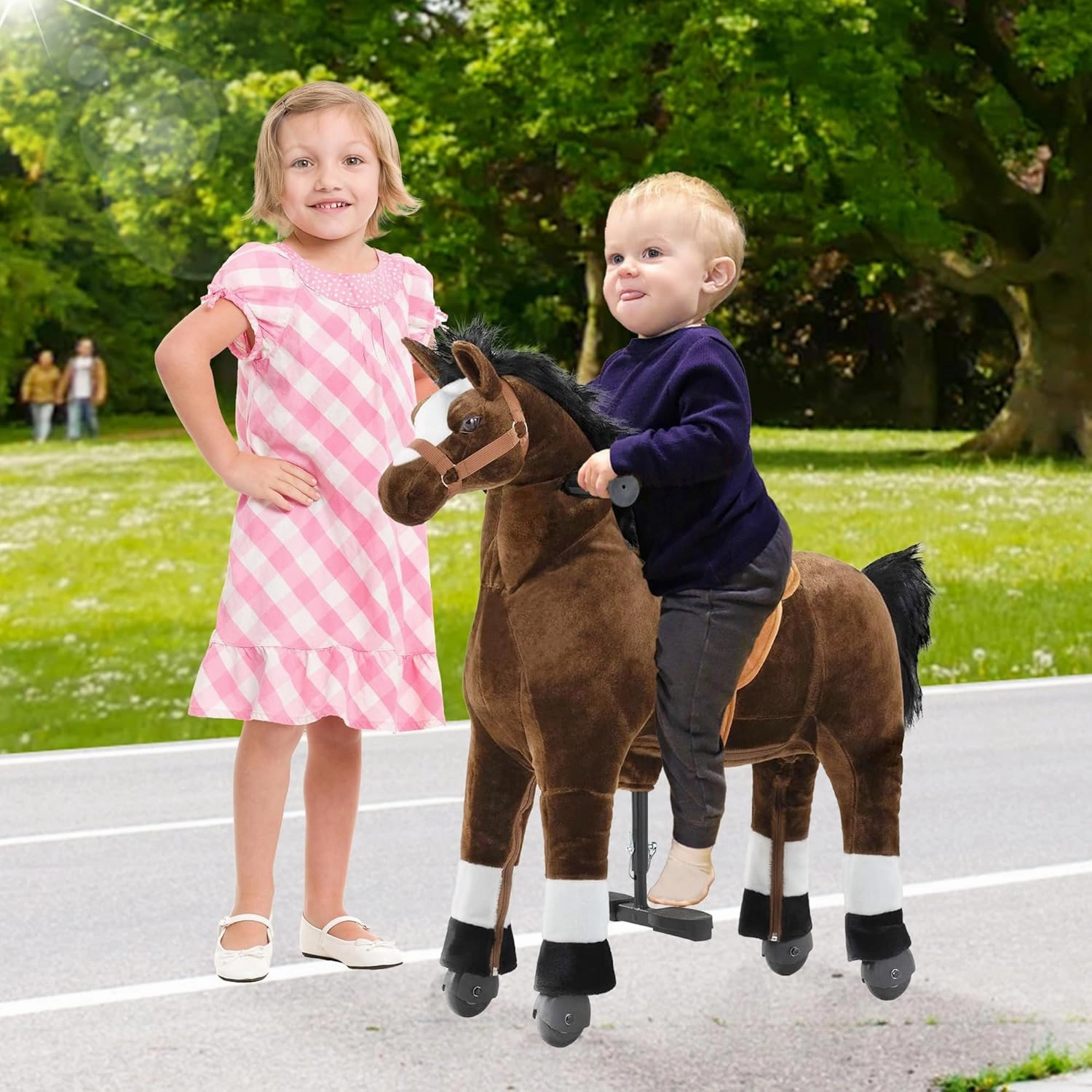 Ride on Horse for Big Kids, Horse Ride on Toy for 4 to 9 Years Old, (35.43'' Height) Riding Horse Rider Mechanical Walking Action Plush Animal, No Battery or Electricity, Max Load 165LBS - Brown
