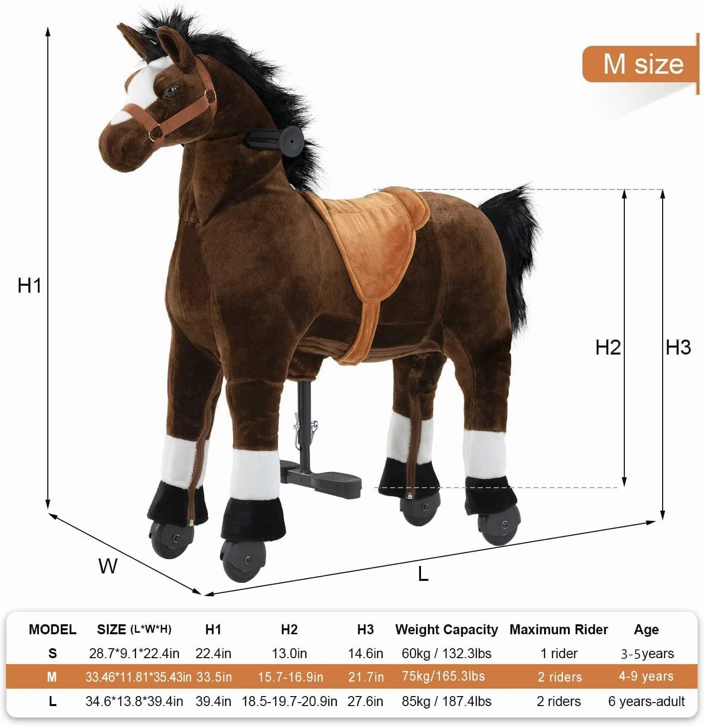 Ride on Horse for Big Kids, Horse Ride on Toy for 4 to 9 Years Old, (35.43'' Height) Riding Horse Rider Mechanical Walking Action Plush Animal, No Battery or Electricity, Max Load 165LBS - Brown