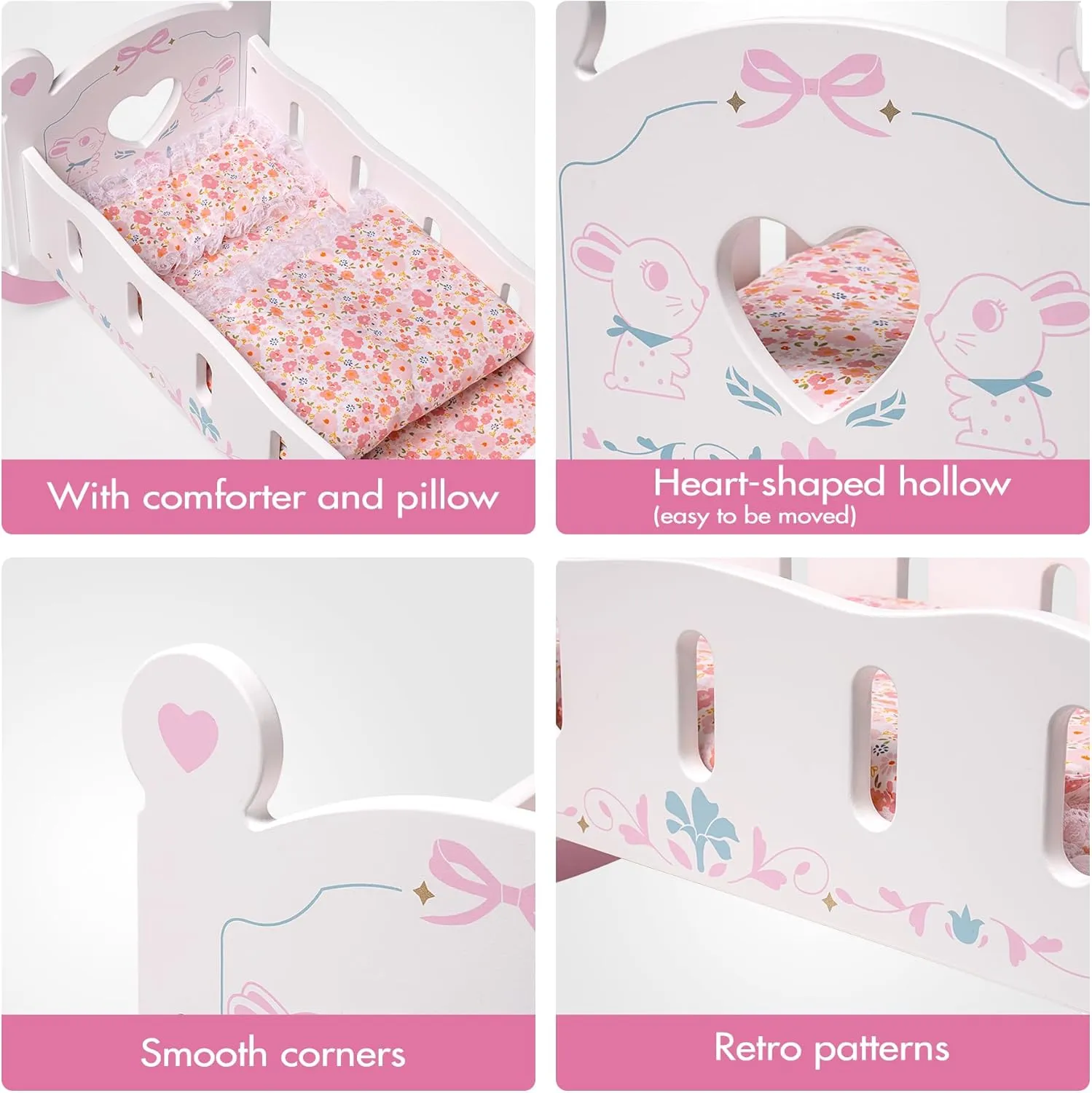 ROBOTIME Wooden Baby Doll Crib, Doll Cradle Bed for 18-24 Inch Dolls, Baby Doll Crib Set with Blanket and Pillow, Toy Doll Bed for Girls Ages 3 