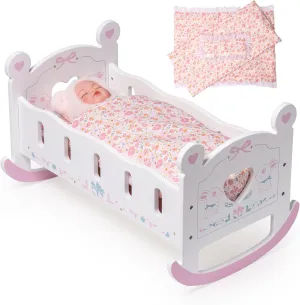 ROBOTIME Wooden Baby Doll Crib, Doll Cradle Bed for 18-24 Inch Dolls, Baby Doll Crib Set with Blanket and Pillow, Toy Doll Bed for Girls Ages 3 