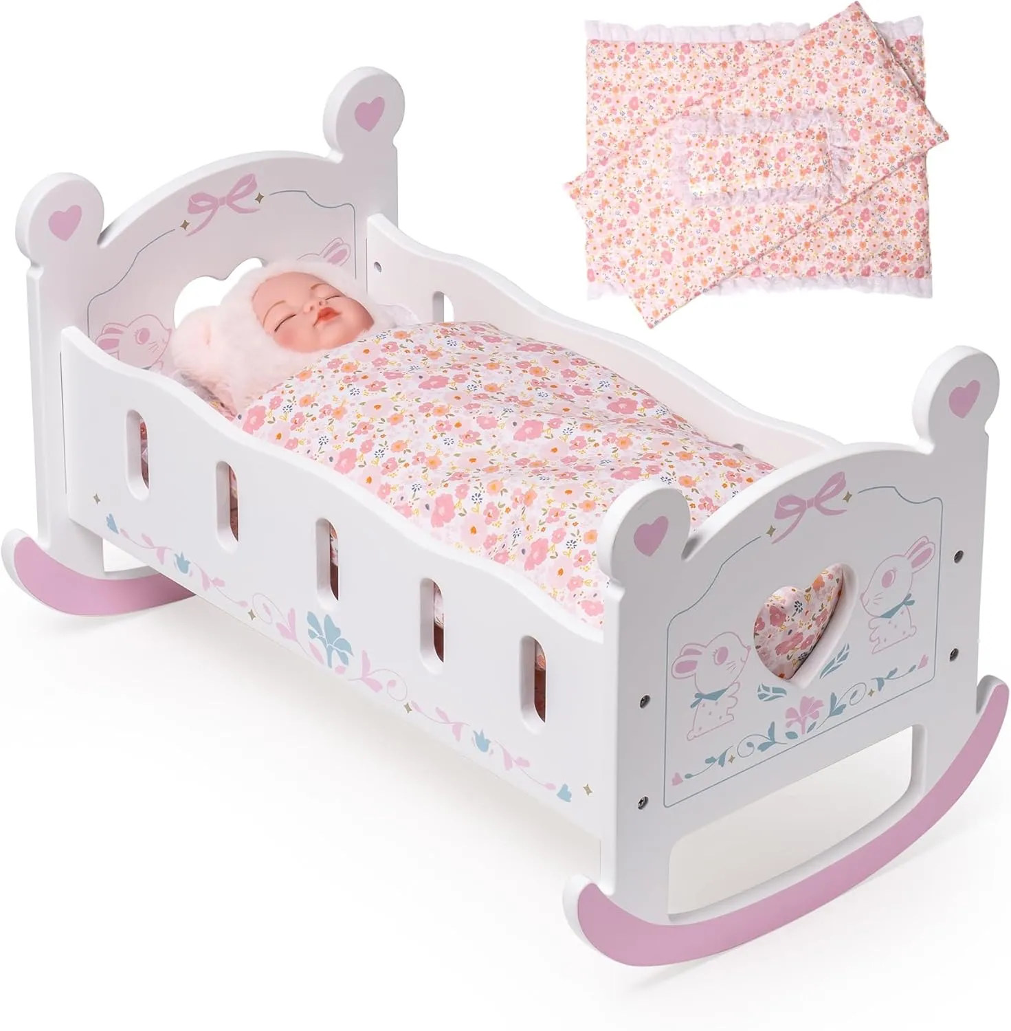 ROBOTIME Wooden Baby Doll Crib, Doll Cradle Bed for 18-24 Inch Dolls, Baby Doll Crib Set with Blanket and Pillow, Toy Doll Bed for Girls Ages 3 