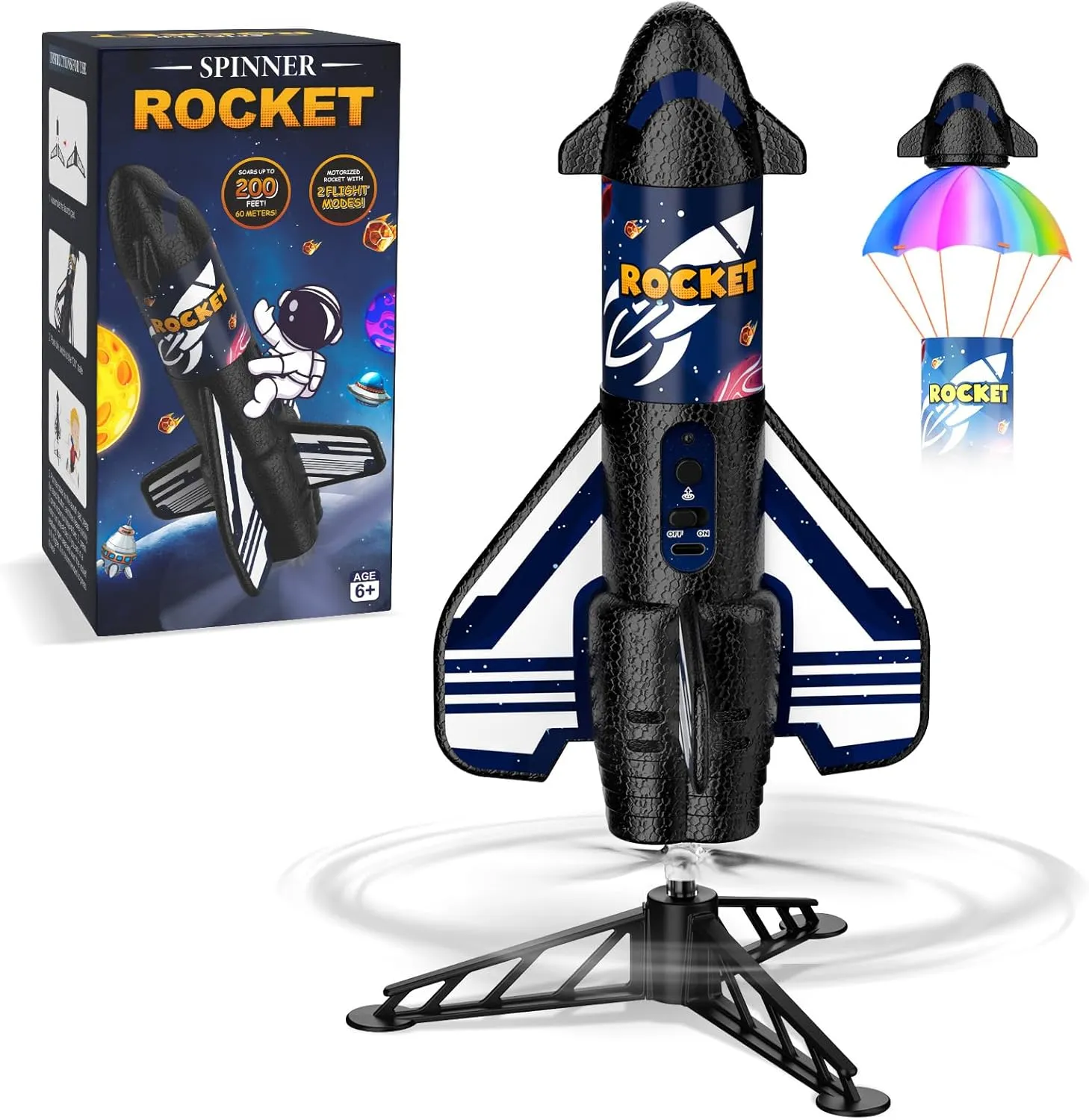 Rocket Launcher for Kids, 200 ft Flight Altitude Self Launching Motorized Rocket Toy with Safety Parachute Land and LED Light, Outdoor Toys Gifts for Ages 6-12 Kids Boys & Girls