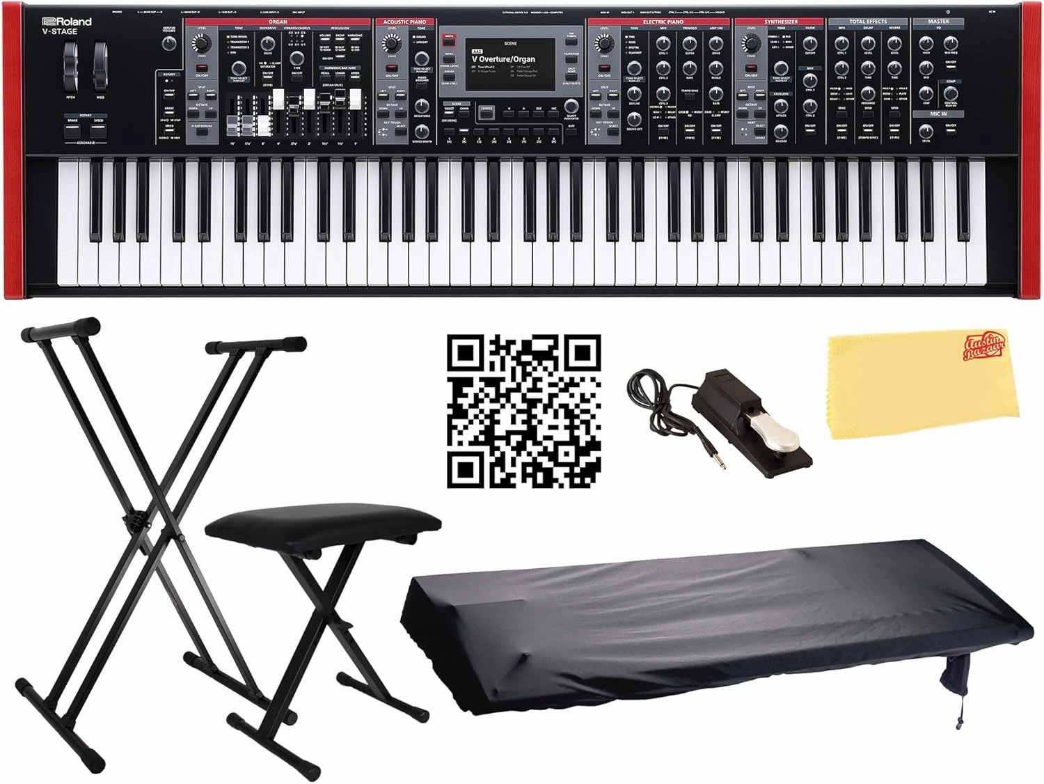 Roland V-STAGE 76 Performance Keyboard Bundle with Adjustable Stand, Bench, Sustain Pedal, Dust Cover, Austin Bazaar Instructional Video, and Polishing Cloth