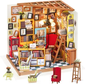 Rolife DIY Miniature Dollhouse Kit Bookstore Room Making Kit Mini Library Diorama Kit Wooden Model Building Set Hobby Christmas Birthday Gifts for Boys Girls Women (Sam's Study)