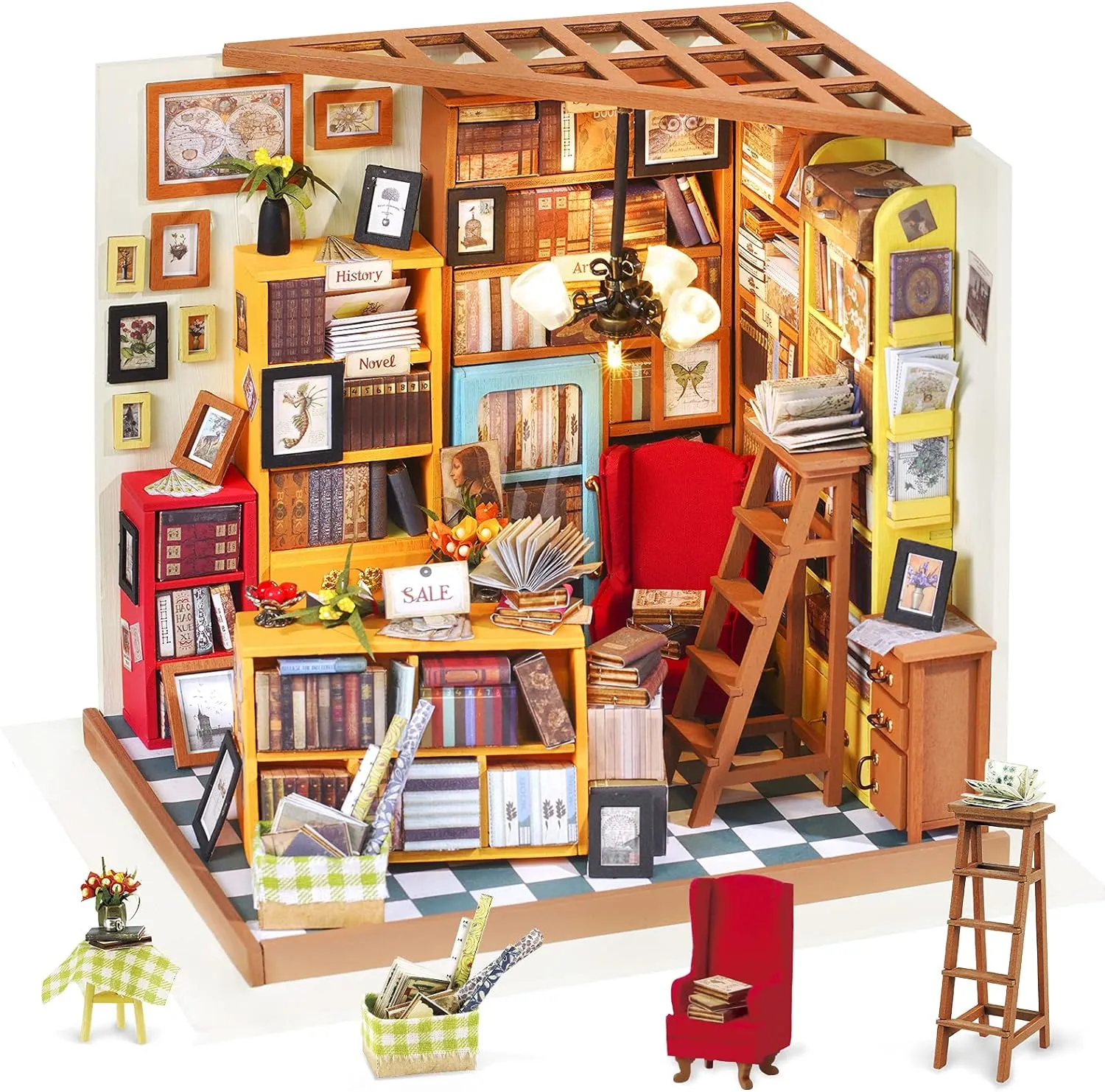 Rolife DIY Miniature Dollhouse Kit Bookstore Room Making Kit Mini Library Diorama Kit Wooden Model Building Set Hobby Christmas Birthday Gifts for Boys Girls Women (Sam's Study)