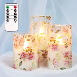 Rose Flameless Candles Love Theme Battery Operated Glass Flickering LED Candle with Remote Pink Flower Decal Realistic Pillar Candles Bedroom Home Decor Table Ornament