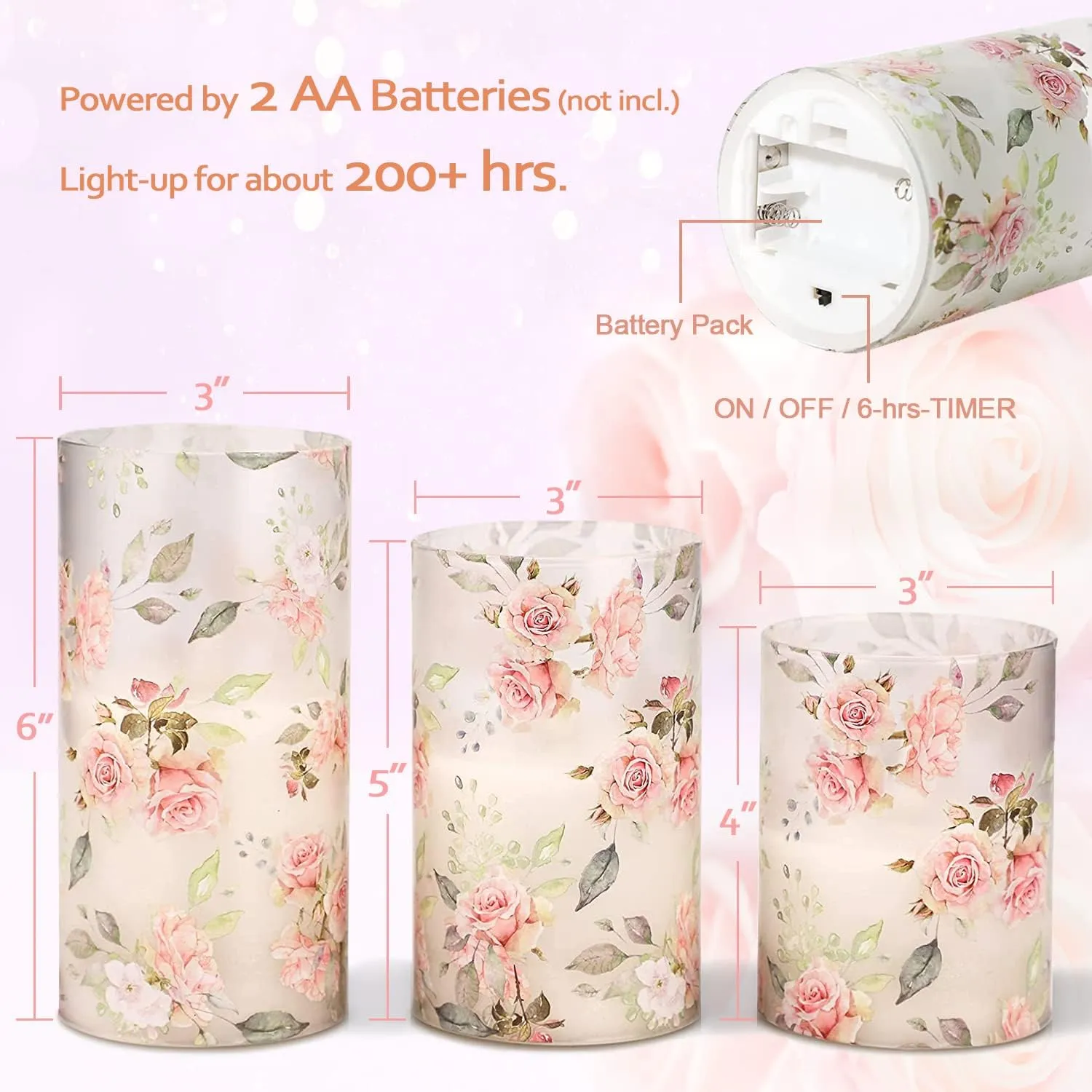 Rose Flameless Candles Love Theme Battery Operated Glass Flickering LED Candle with Remote Pink Flower Decal Realistic Pillar Candles Bedroom Home Decor Table Ornament