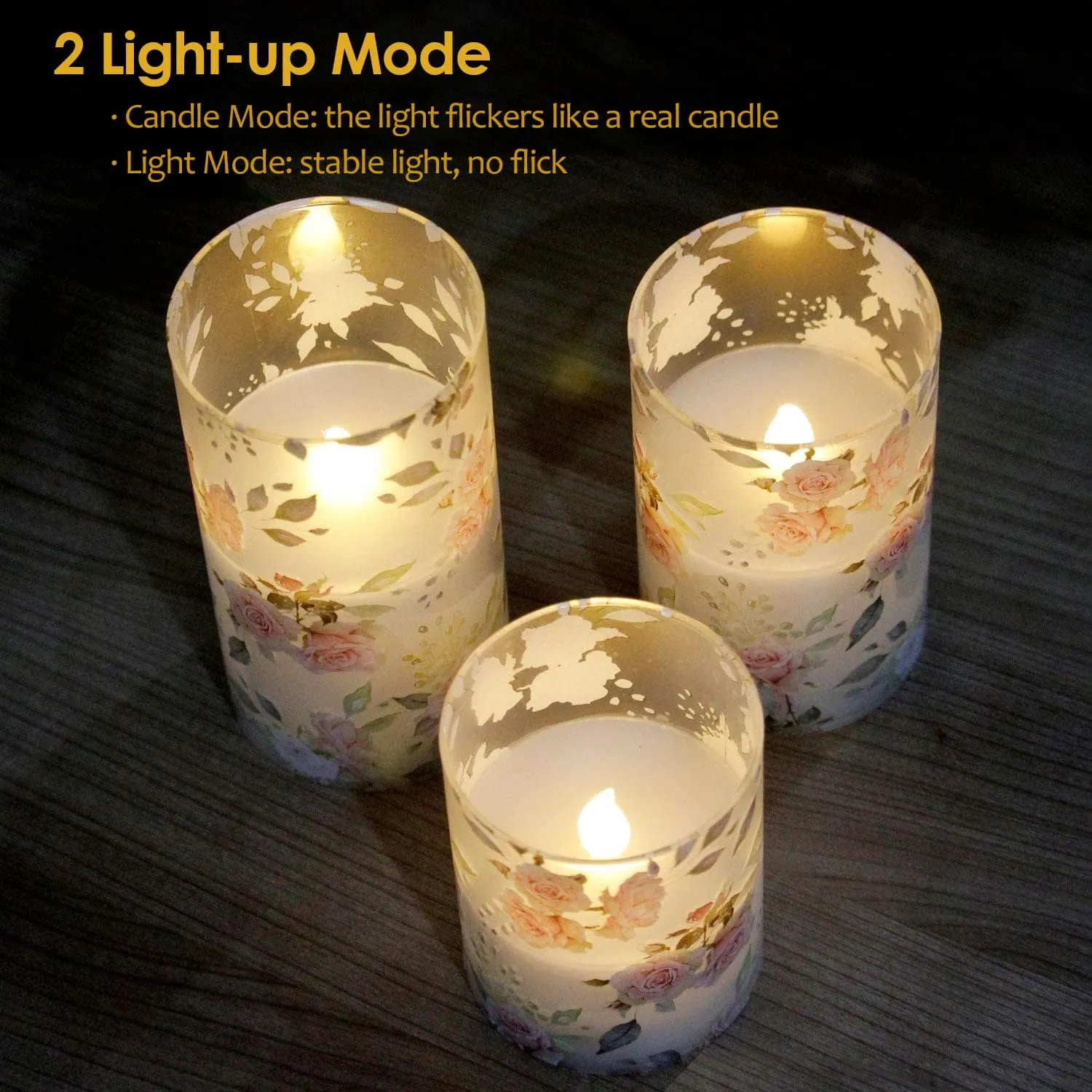 Rose Flameless Candles Love Theme Battery Operated Glass Flickering LED Candle with Remote Pink Flower Decal Realistic Pillar Candles Bedroom Home Decor Table Ornament