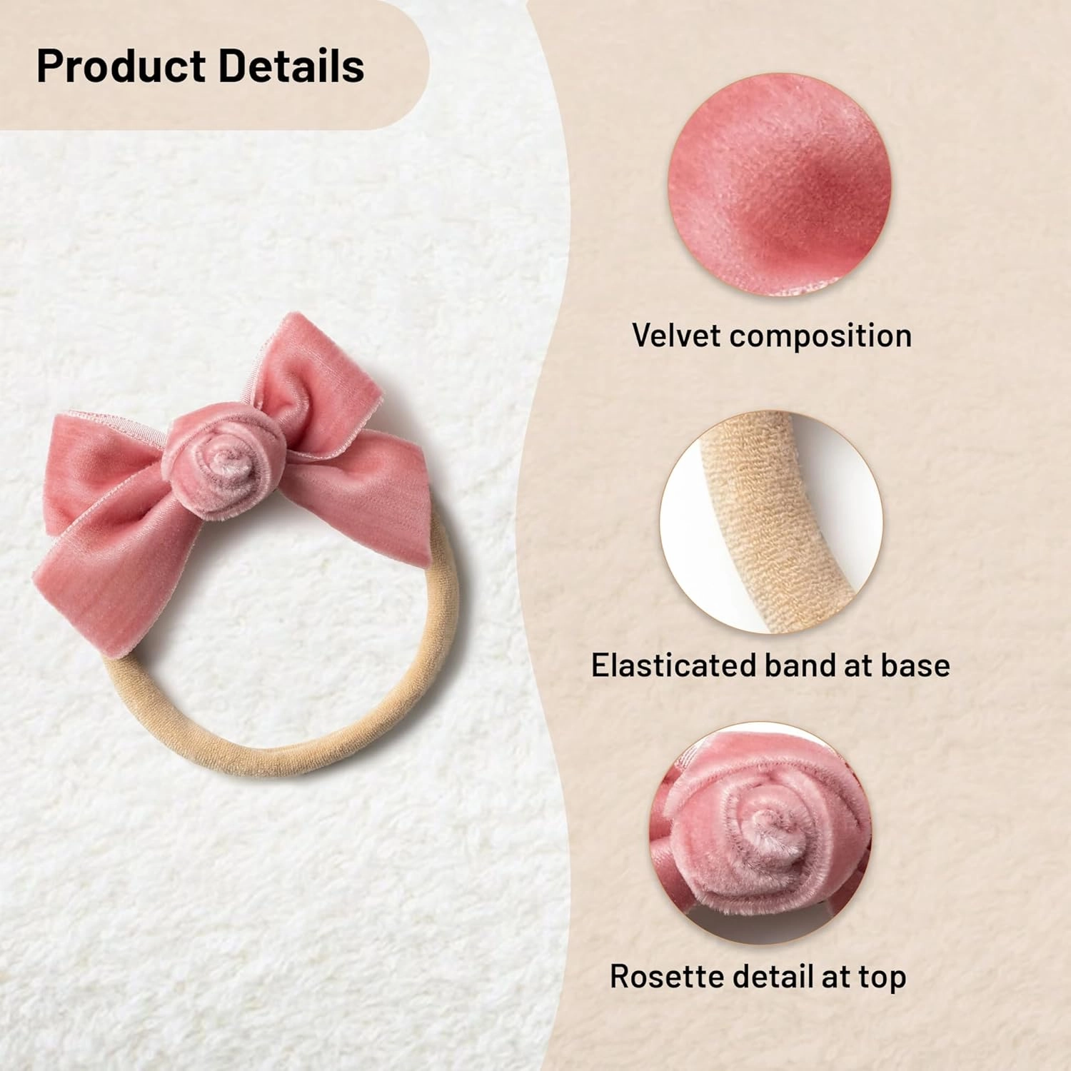 Rosette Velvet Baby Band - Mauve | Soft Plush Velvet Headband with Delicate Rosette Detail | Comfortable Elasticated Fit for Special Occasions & Everyday Wear | Elegant Accessory for Your Little One