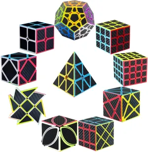 Roxenda Speed Cube Set of 10 - 2x2 3x3 4x4 Skew Ivy Axis Fisher Megaminx Pyramid and Windmill - Carbon Fiber Sticker Magic Collection, Educational Toys for Children and Adults