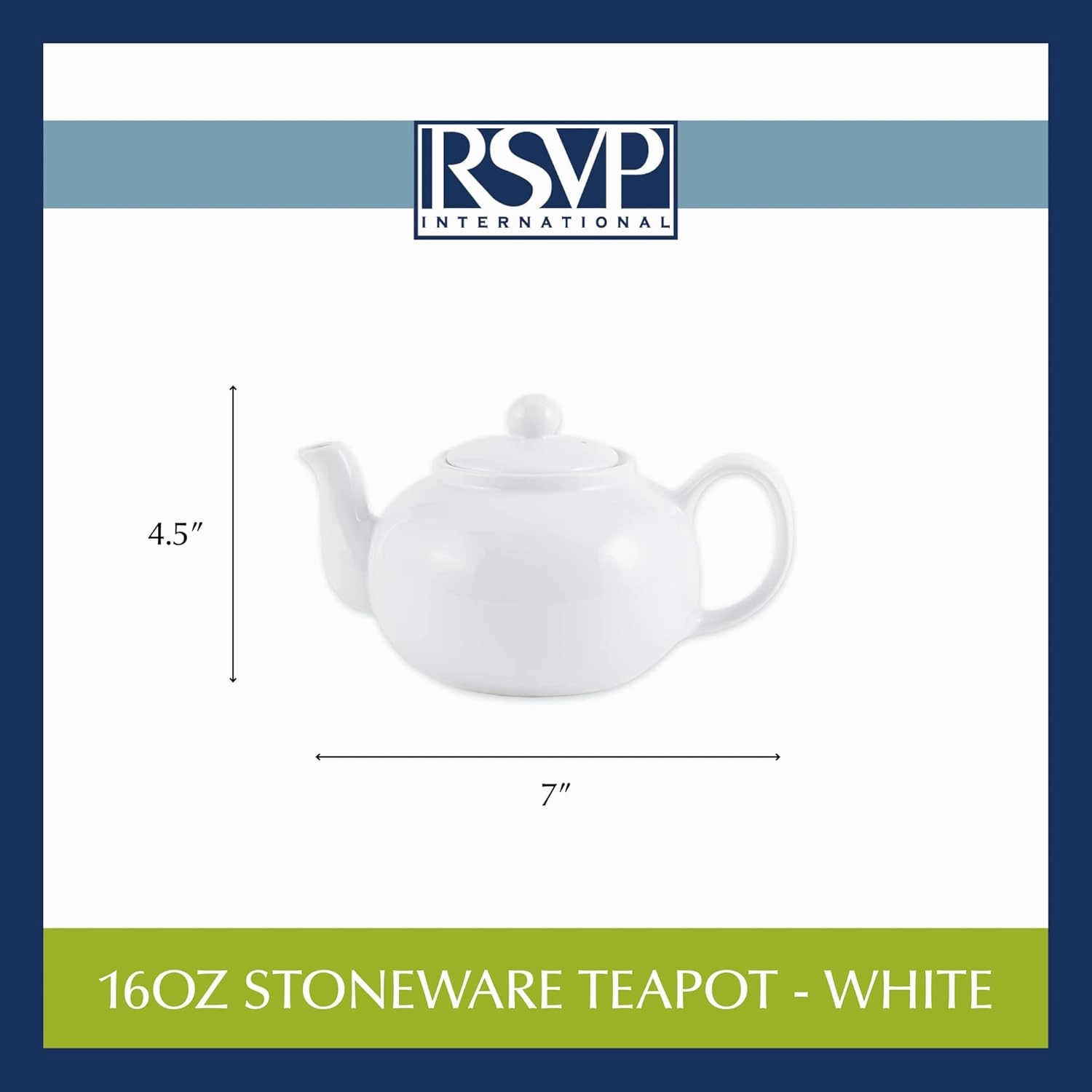 RSVP International Stoneware Teapot Collection, Microwave and Dishwasher Safe, 16 oz, White