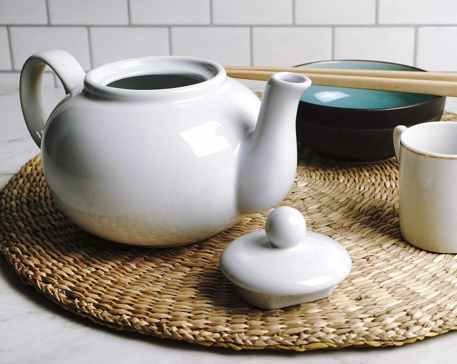 RSVP International Stoneware Teapot Collection, Microwave and Dishwasher Safe, 16 oz, White