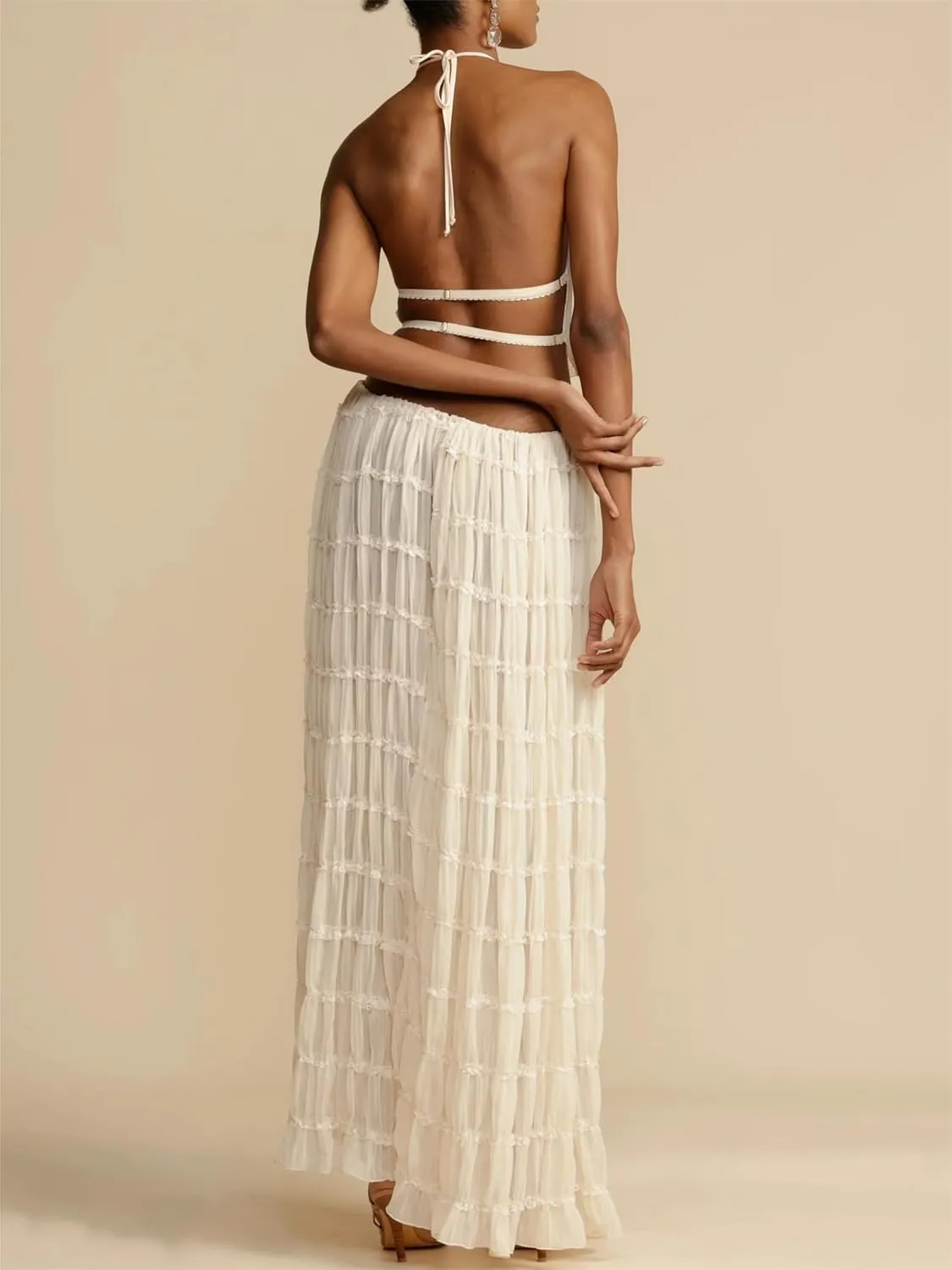 Sastianaen Women 2 Piece Maxi Skirt Set Y2k Lace Up Back Tank Top Flowy Ruffle Long Skirt Outfits Going Out Beachwear