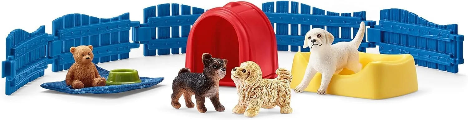 Schleich Farm World 13-Piece Puppy Pen Playset - Featuring 3 Cute Puppy Figurines and Accessories, Educational and Durable Toys, Fun and Imaginative Play for Boys and Girls, Gift for Kids Ages 3 