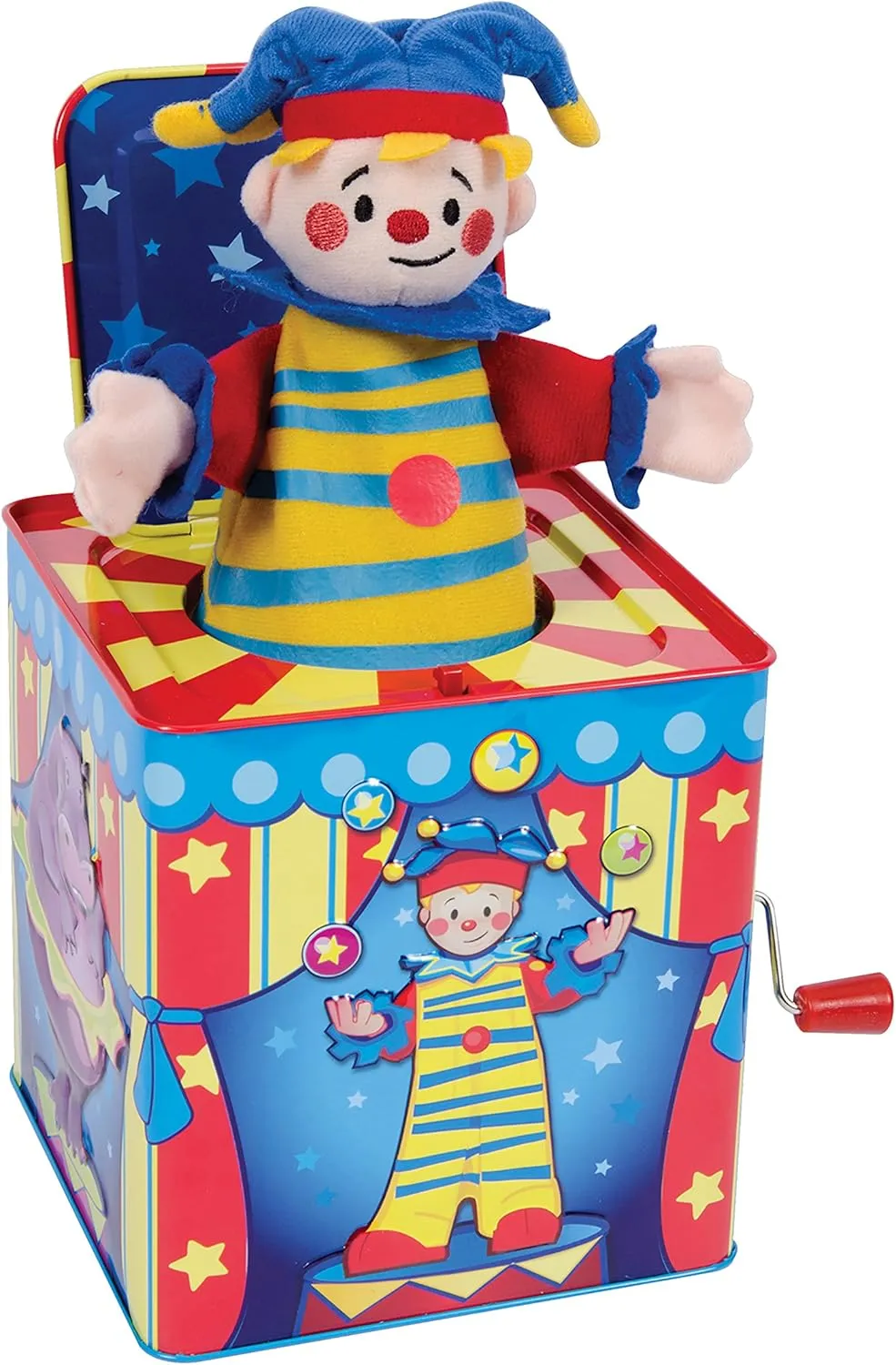 Schylling Silly Circus Jack in the Box - Classic Children's Musical Toy - Colorful Embossed Tin Box and Friendly Plush - Age 18 months and Up