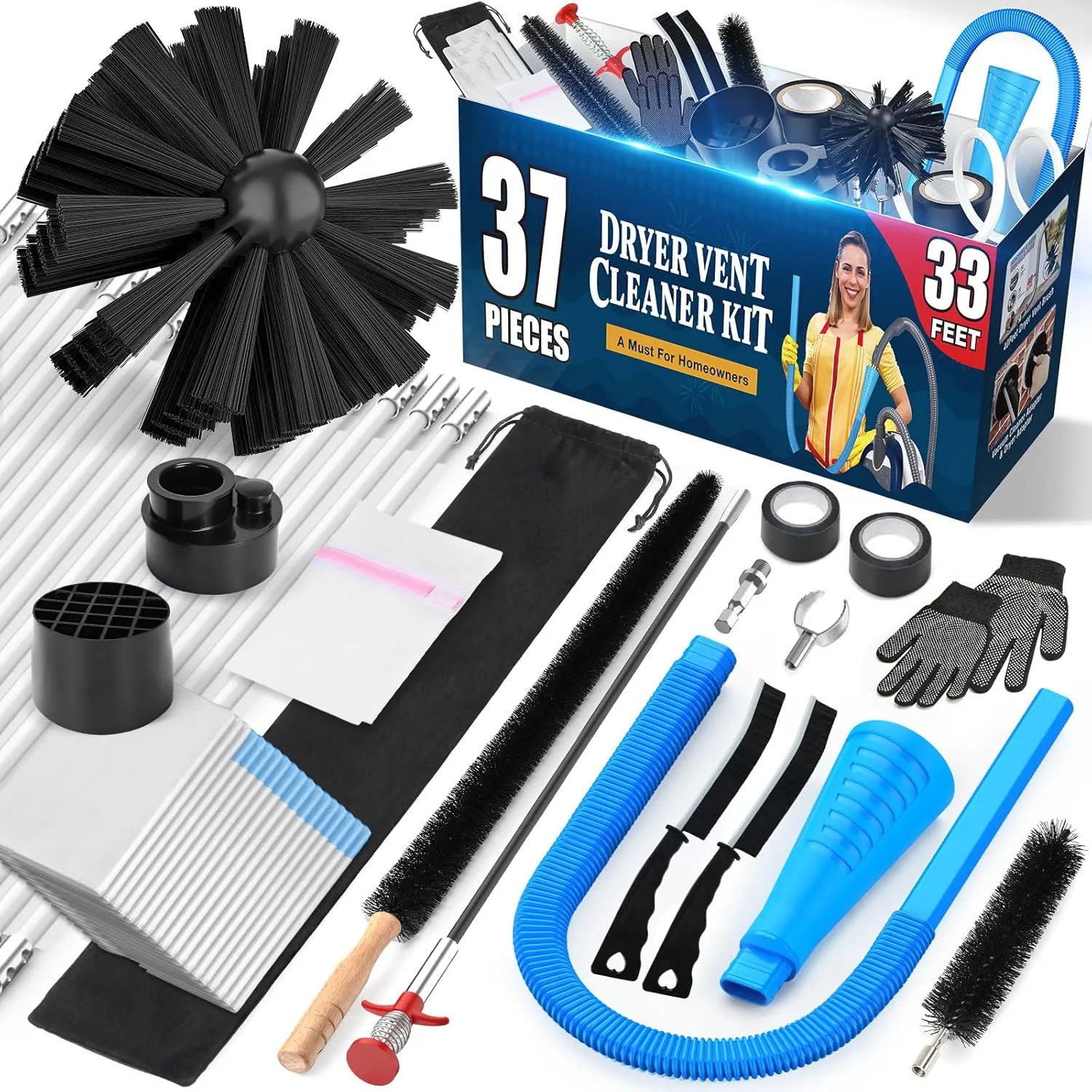 Sealegend 37-Piece Dryer Vent Cleaner Kit Omnidirectional Include 33Feet Dryer Vent Brush Blue Dryer Vacuum Attachment Lint Brush Vacuum&Dryer Adapter