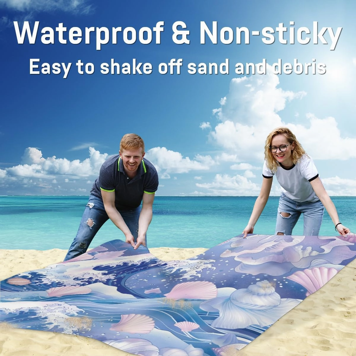Seashell Beach Beach Blanket, Sandproof Beach Mat, Adults Waterproof Quick Drying Sand Free Mat with 4 x Ground Spikes for Outdoor Travel Camping Hiking, Ocean Beach