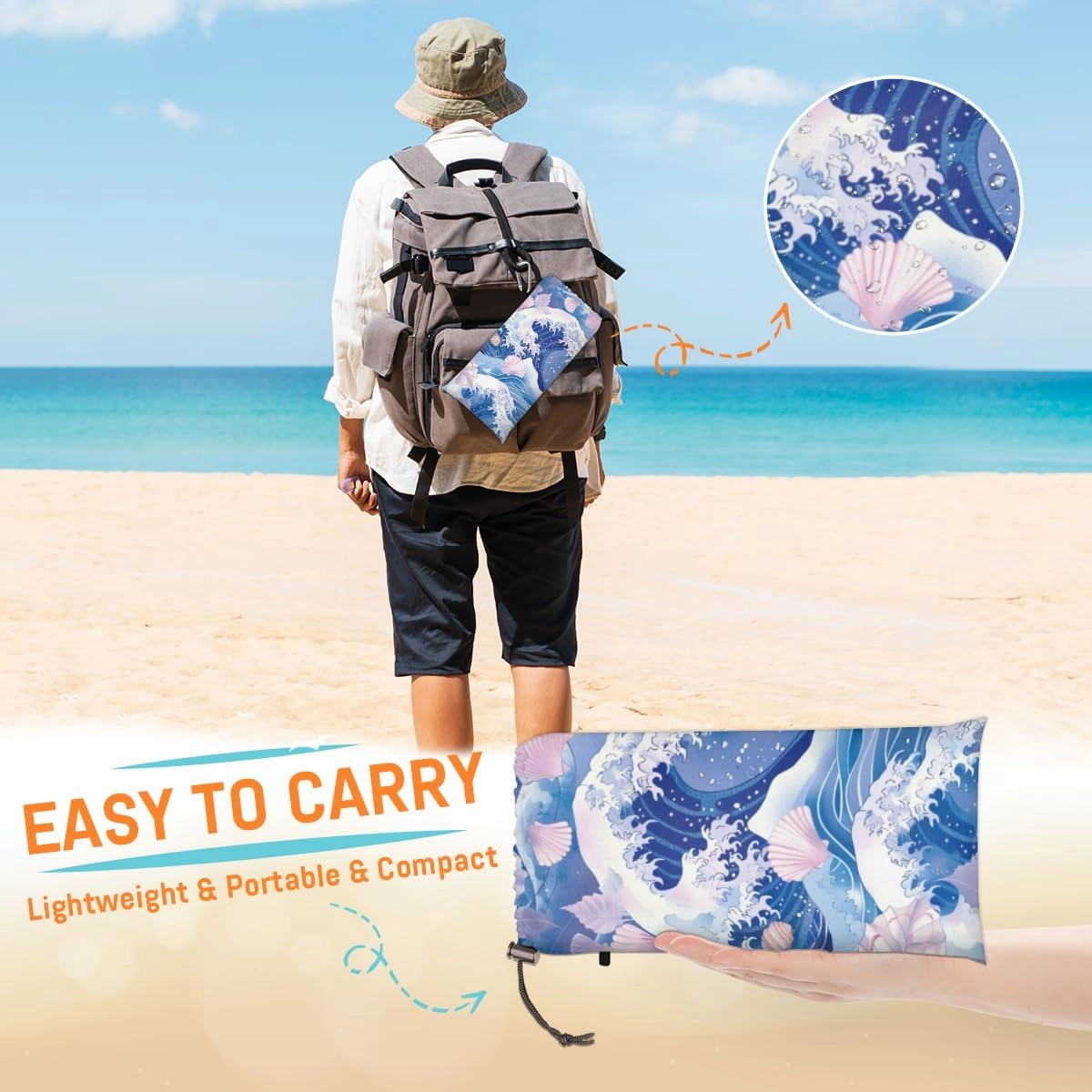Seashell Beach Beach Blanket, Sandproof Beach Mat, Adults Waterproof Quick Drying Sand Free Mat with 4 x Ground Spikes for Outdoor Travel Camping Hiking, Ocean Beach