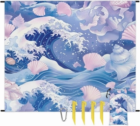 Seashell Beach Beach Blanket, Sandproof Beach Mat, Adults Waterproof Quick Drying Sand Free Mat with 4 x Ground Spikes for Outdoor Travel Camping Hiking, Ocean Beach