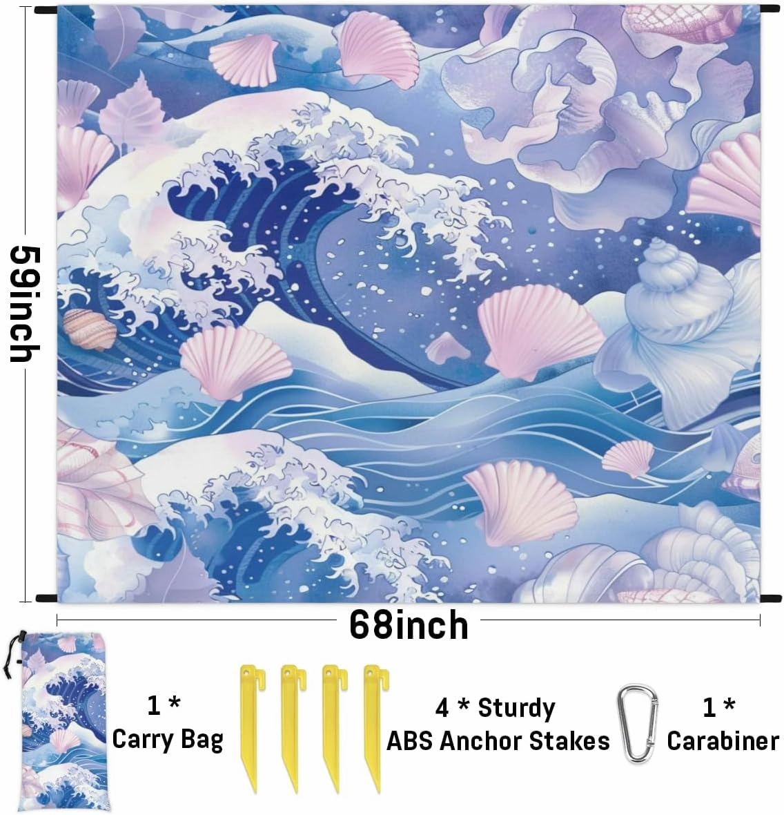 Seashell Beach Beach Blanket, Sandproof Beach Mat, Adults Waterproof Quick Drying Sand Free Mat with 4 x Ground Spikes for Outdoor Travel Camping Hiking, Ocean Beach